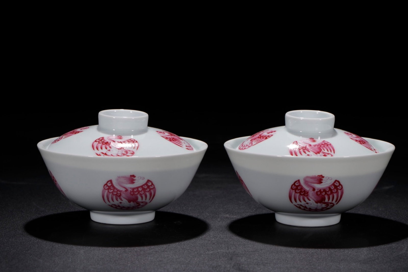 A Pair of Exquisite Ruby Red-Glazed Phoenix Pattern Bowls: A Pair of Exquisite Ruby Red-Glazed Phoenix Pattern Bowls,Qing Dynasty,China,Daoguang Six-character Mark,Size:3.1inx4.7in