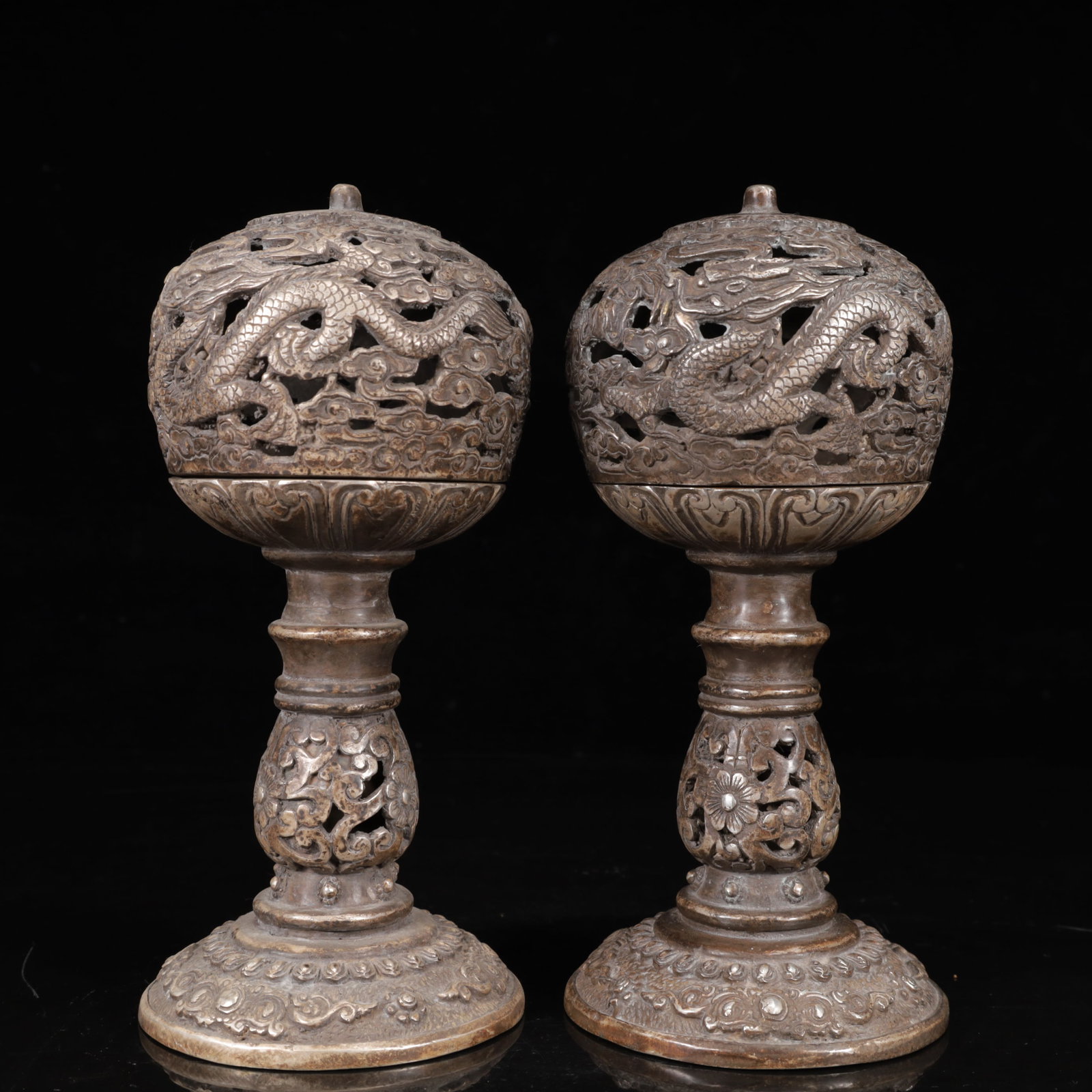 A Pair of Exquisite Silver-Plated Bronze Auspicious Cloud and Dragon Pattern Candlesticks (1 of 17)