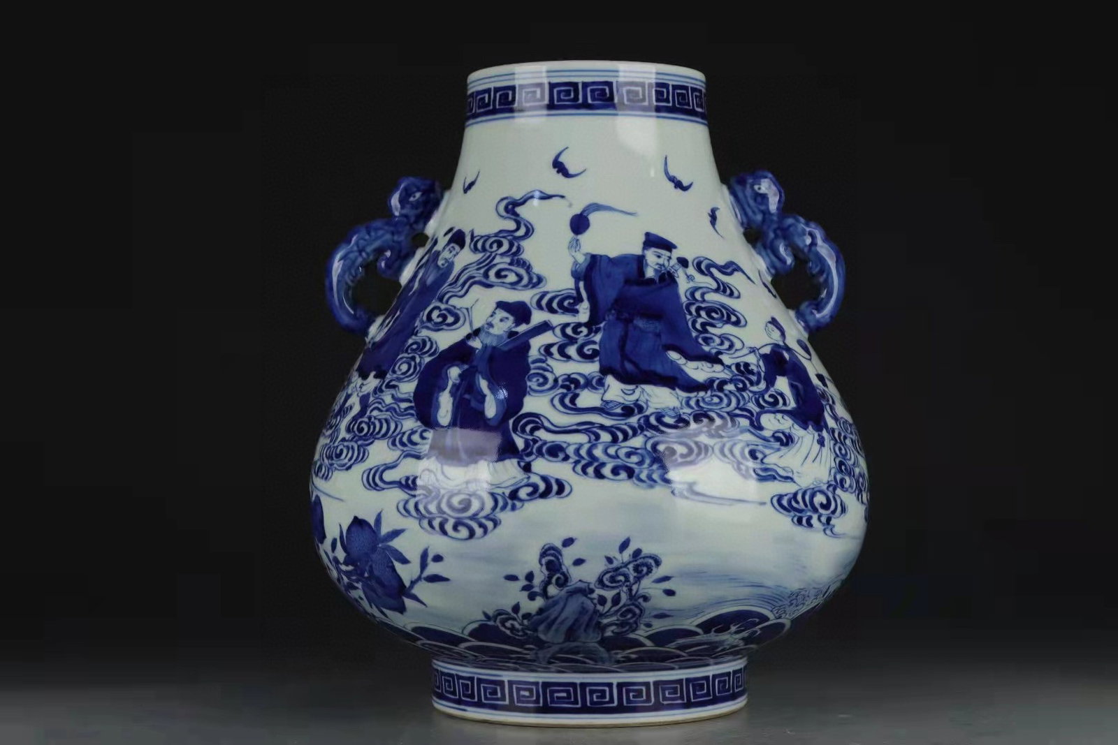 A Rare Blue and White Character and Story Pattern Double-Ears Vase: A Rare Blue and White Character and Story Pattern Double-Ears Vase,Qing Dynasty,China,Qianlong Six-character Mark,Size:12inx11in 青花人物故事纹双耳