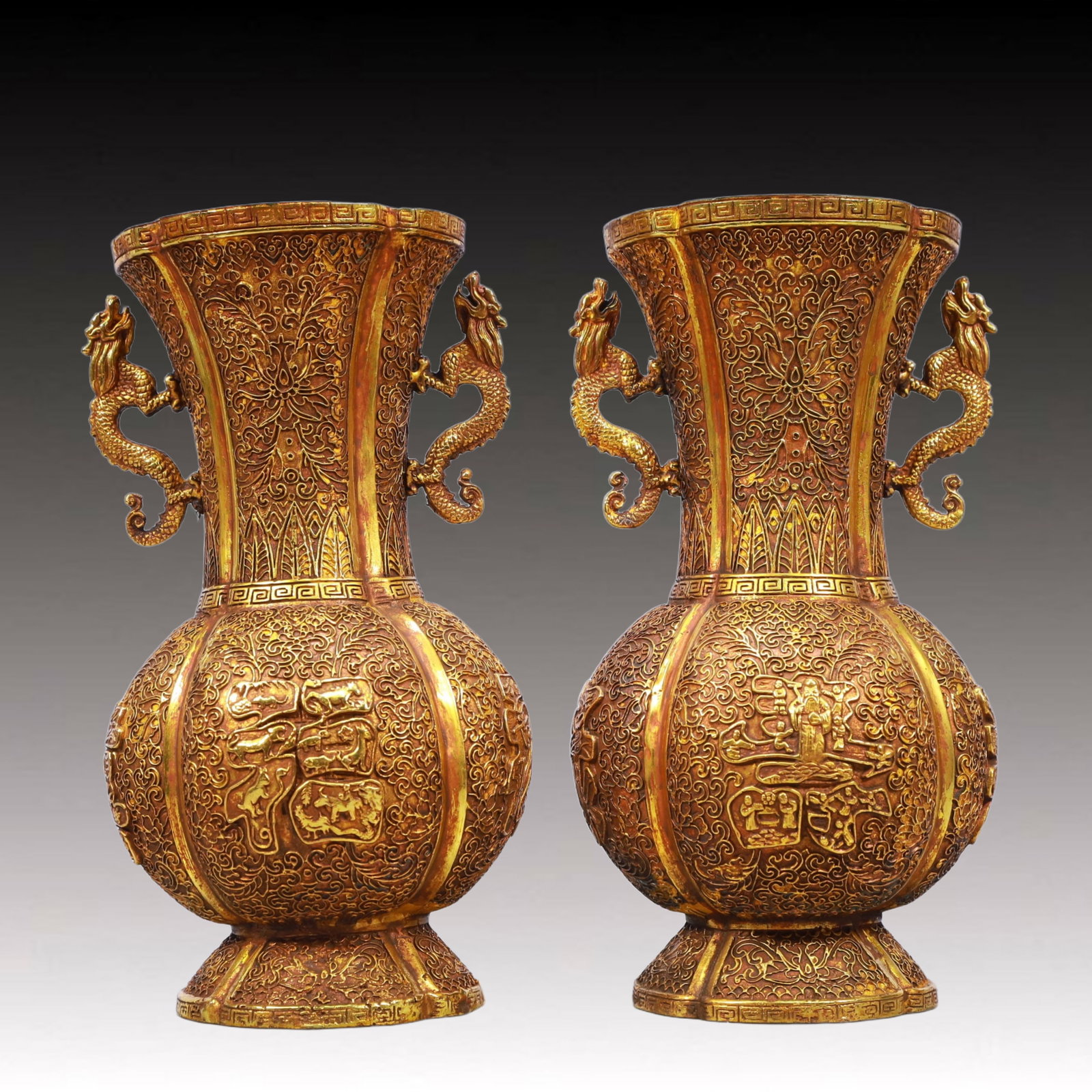 A Pair of Rare Gilt Bronze Bats and Peach Pattern Dragon-Ears Vases: A Pair of Rare Gilt Bronze Bats and Peach Pattern Dragon-Ears Vases,Qing Dynasty, China,Qianlong Four-character Mark,Size:5.1inx10.2in,Weight:4650g