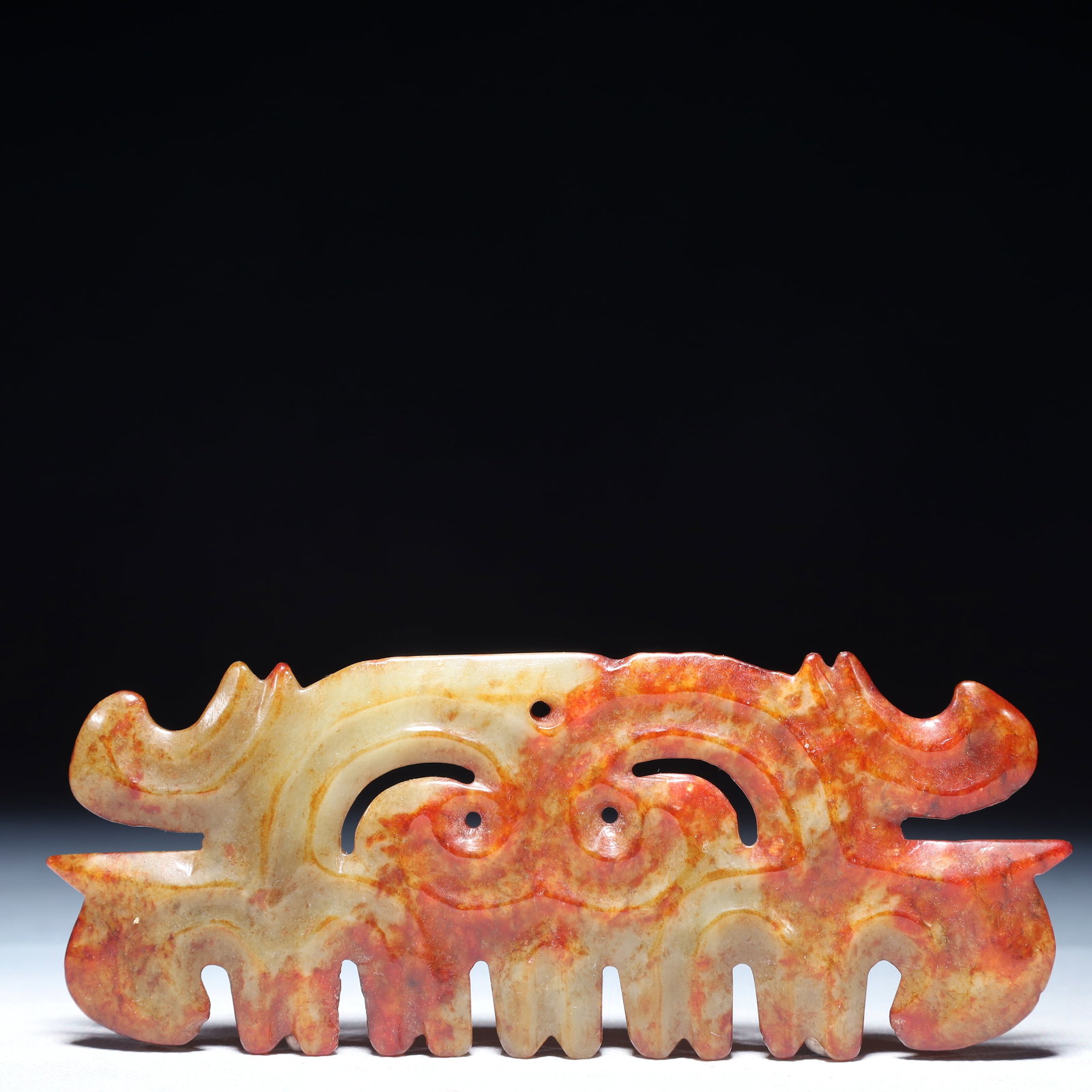 An Archaic Hongshan Culture Greenish Jade Beast-Face Pattern Pendant: An Archaic Hongshan Culture Greenish Jade Beast-Face Pattern Pendant,Ancient Time,China,Size:5.7inx2.4in,Weight:2.28g