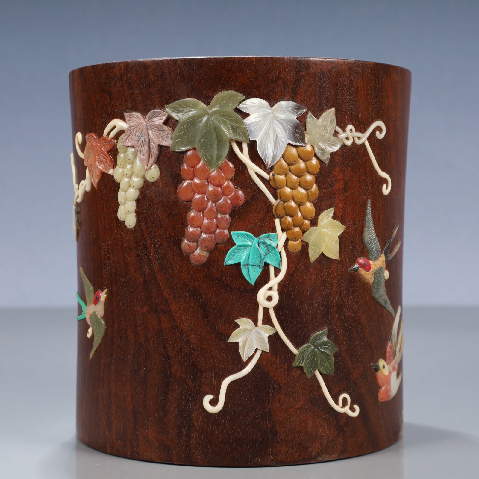 An Exquisite Huanghuali wood Grapes and Bird Pattern Brush Pot,Inlaid Gems: An Exquisite Huanghuali wood Grapes and Bird Pattern Brush Pot,Inlaid Gems,Qing Dynasty, China,Size:5.9inx6.3in,Weight:1400g