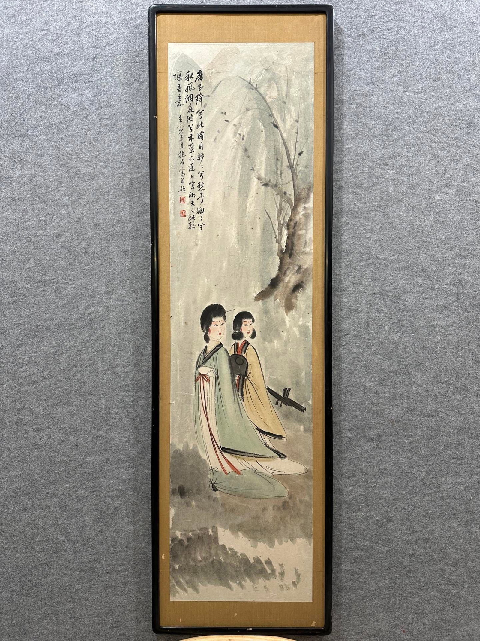 A Chinese Ink Painting of Figure on Paper with Frame: A Chinese Ink Painting of Figure on Paper with Frame,Fu Baoshi,Size:13.4inx52.4in 一幅中国水墨人物画带画框,傅抱ĳ