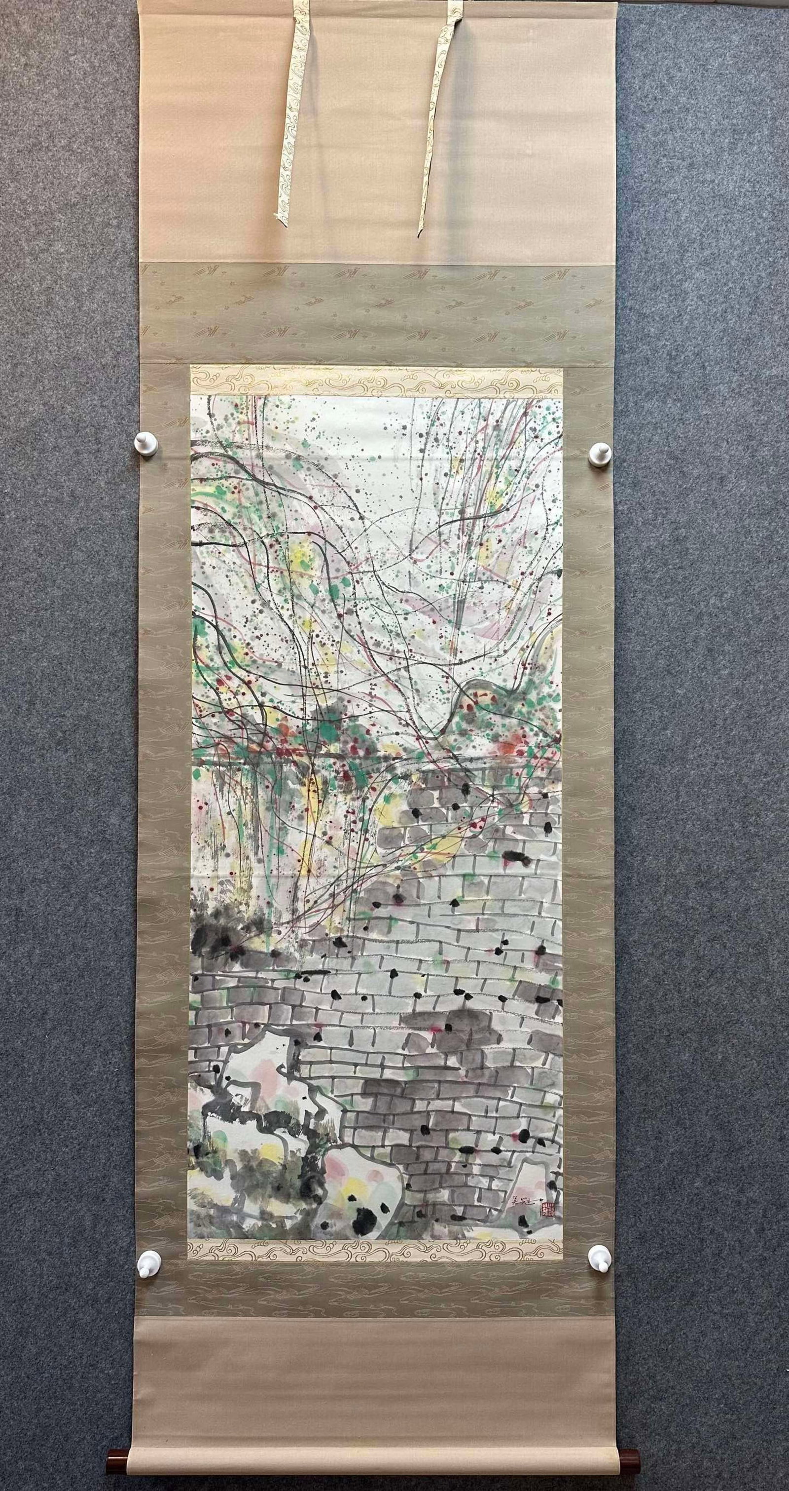 A Chinese Vertical Scroll Ink Painting of Landscape and Figure on Paper: A Chinese Vertical Scroll Ink Painting of Landscape and Figure on Paper,Wu Guanzhong,Size:19.7inx44.1in 一幅中国水墨山水人物画立