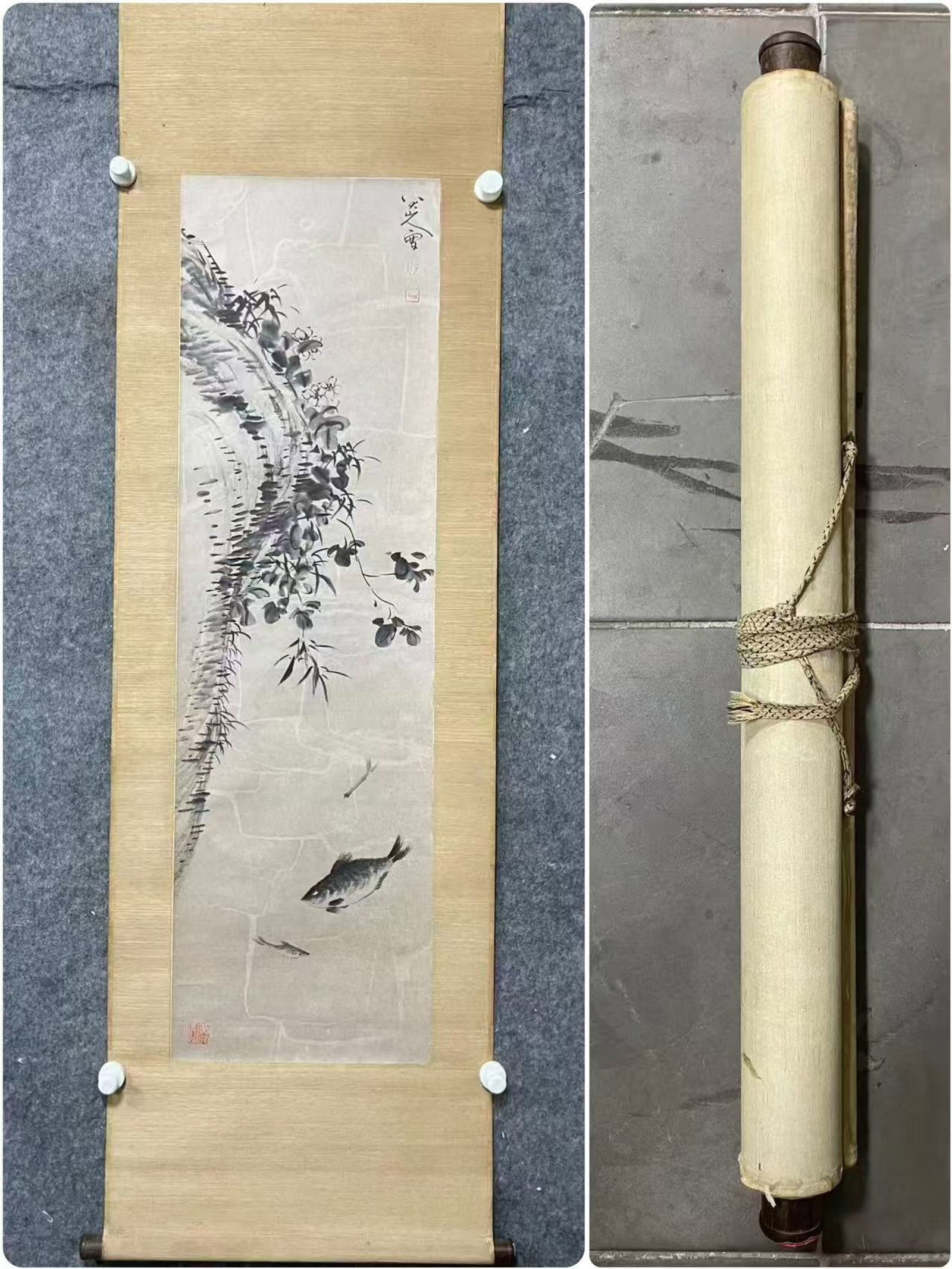 A Chinese Vertical Scroll Ink Painting of Fish on Paper: A Chinese Vertical Scroll Ink Painting of Fish on Paper,Bada Shanren,Size:13inx44.5in 一幅中国水墨鱼画立轴,八大山人