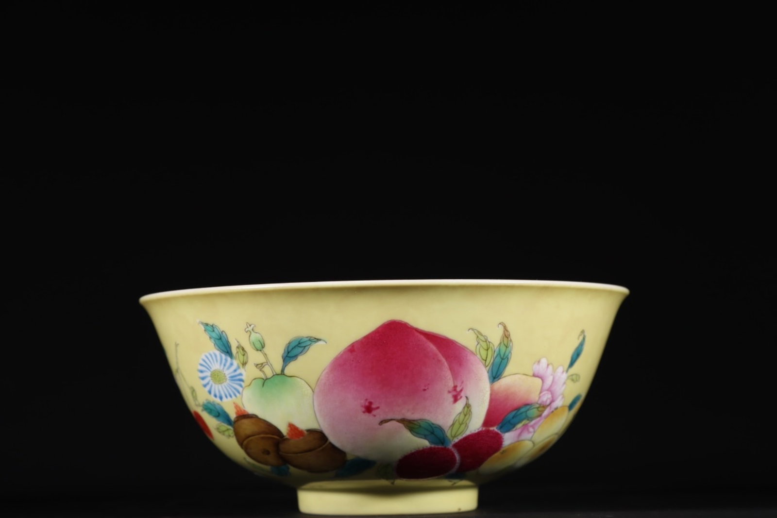 An Exquisite Famille-Rose Yellow Glazed Melon and Fruit Pattern Bowl,with poem: An Exquisite Famille-Rose Yellow Glazed Melon and Fruit Pattern Bowl,with poem,Qing Dynasty,China,Jiaqing Six-character Mark,Size:2.6inx6in