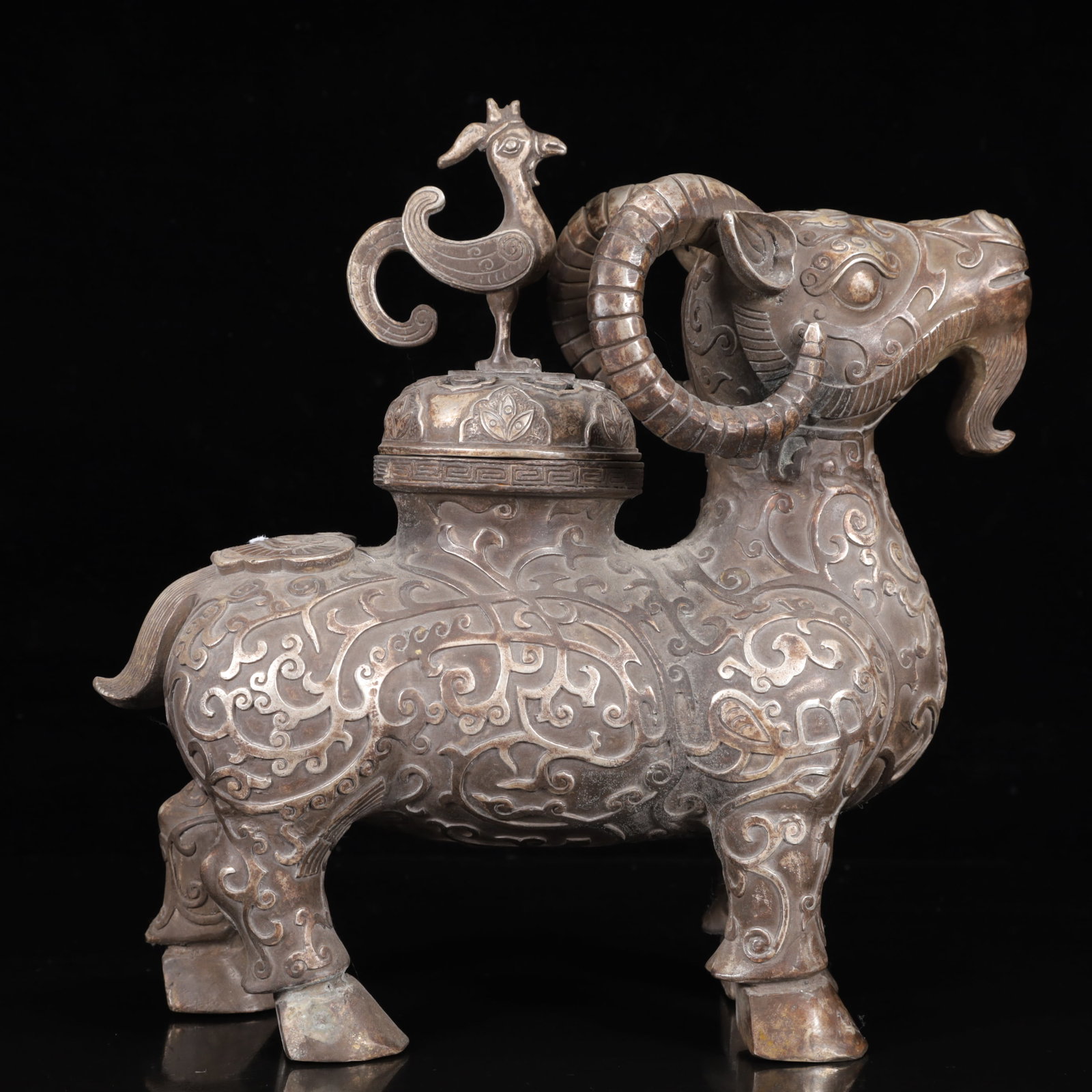 An Exquisite Silver-Plated Bronze Flower and Sheep Censer: An Exquisite Silver-Plated Bronze Flower and Sheep Censer,Qing Dynasty,China,Qianlong Four-character Mark,Size:11.4inx4.7inx11.8in,Weight:3000g