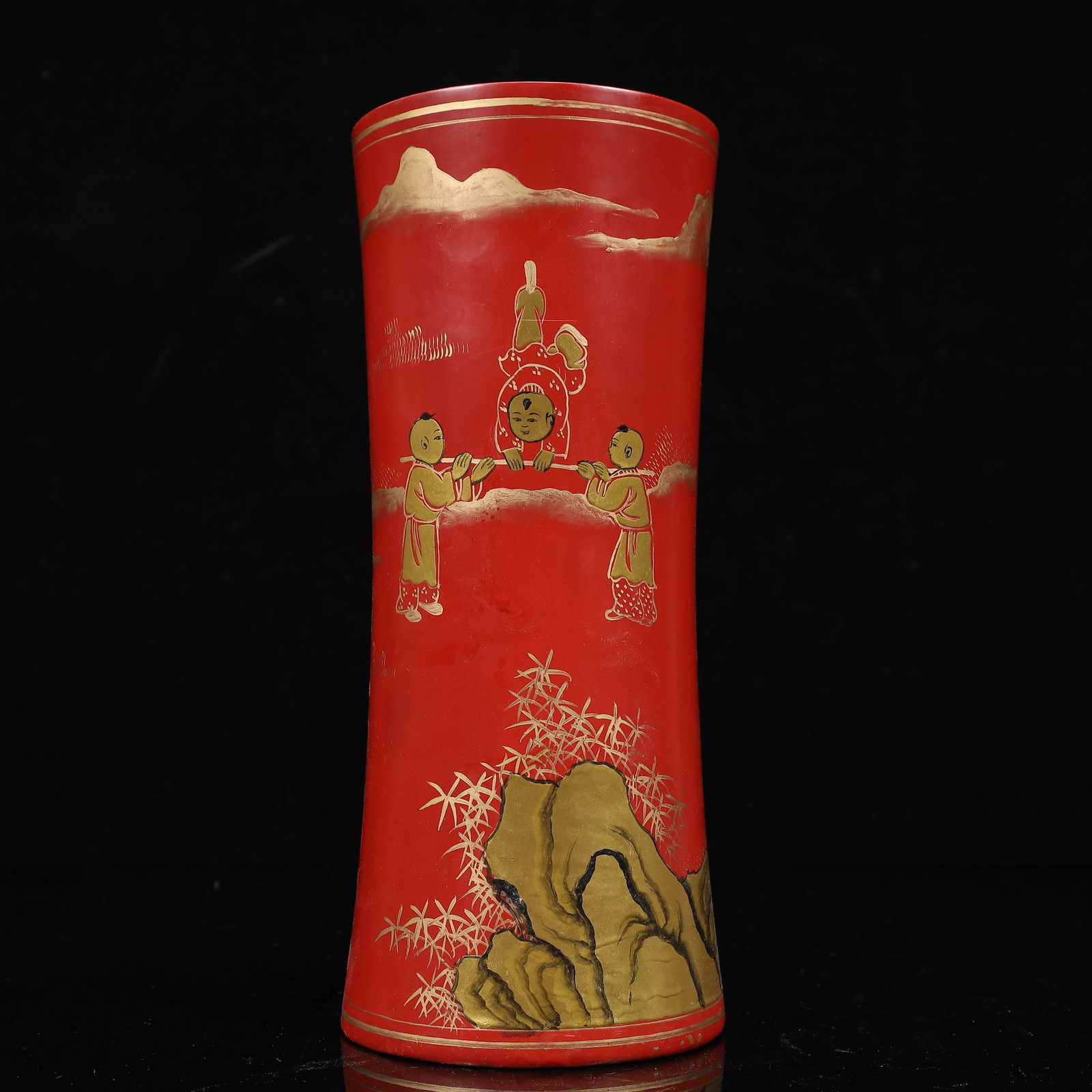 An Exquisite Carved Red Lacquer Painted Gold Landscape and Figure Pattern Brush Pot,With Poem (1 of 10)