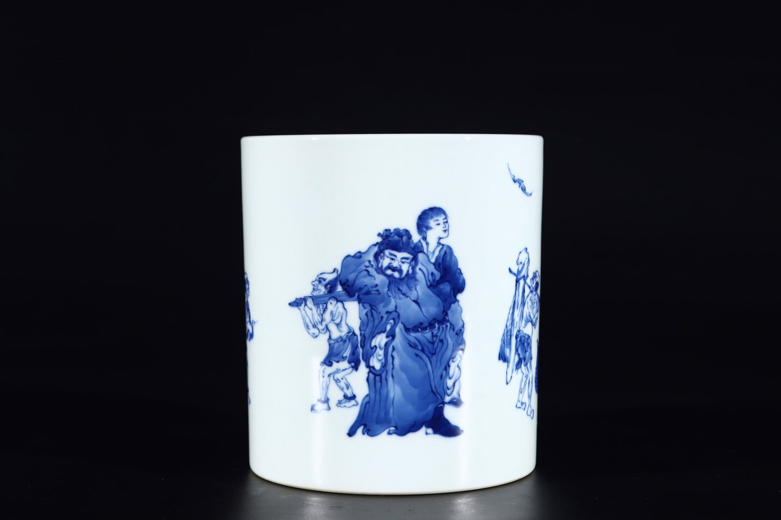 An Exquisite Blue and White Character and Story Pattern Brush Pot: An Exquisite Blue and White Character and Story Pattern Brush Pot,the Republic of China,With Mark,Size:6.5inx5.8in 青花人物故事纹笔筒,中