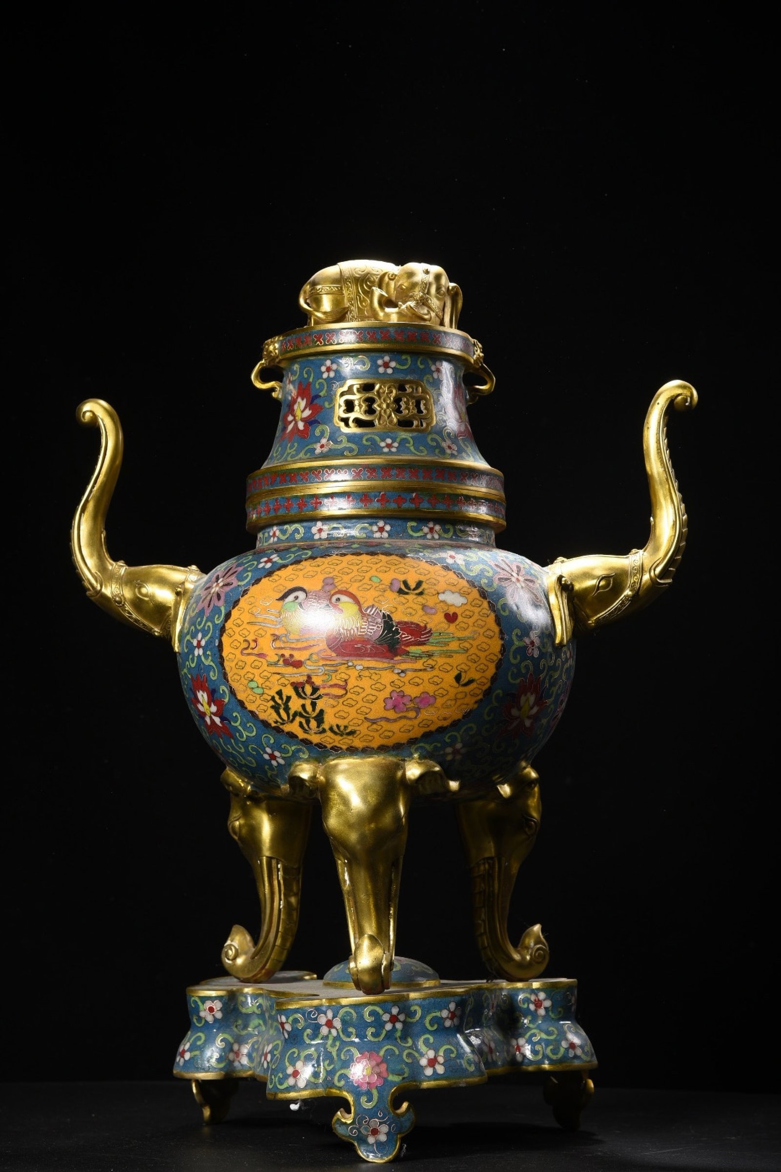 An Exquisite Cloisonne Lotus and Mandarin Duck Pattern Elephant-Ears Censer: An Exquisite Cloisonne Lotus and Mandarin Duck Pattern Elephant-Ears Censer,Qing Dynasty,China,Qianlong Four-character Mark,Size:22inx16.1in,Weight:10375g