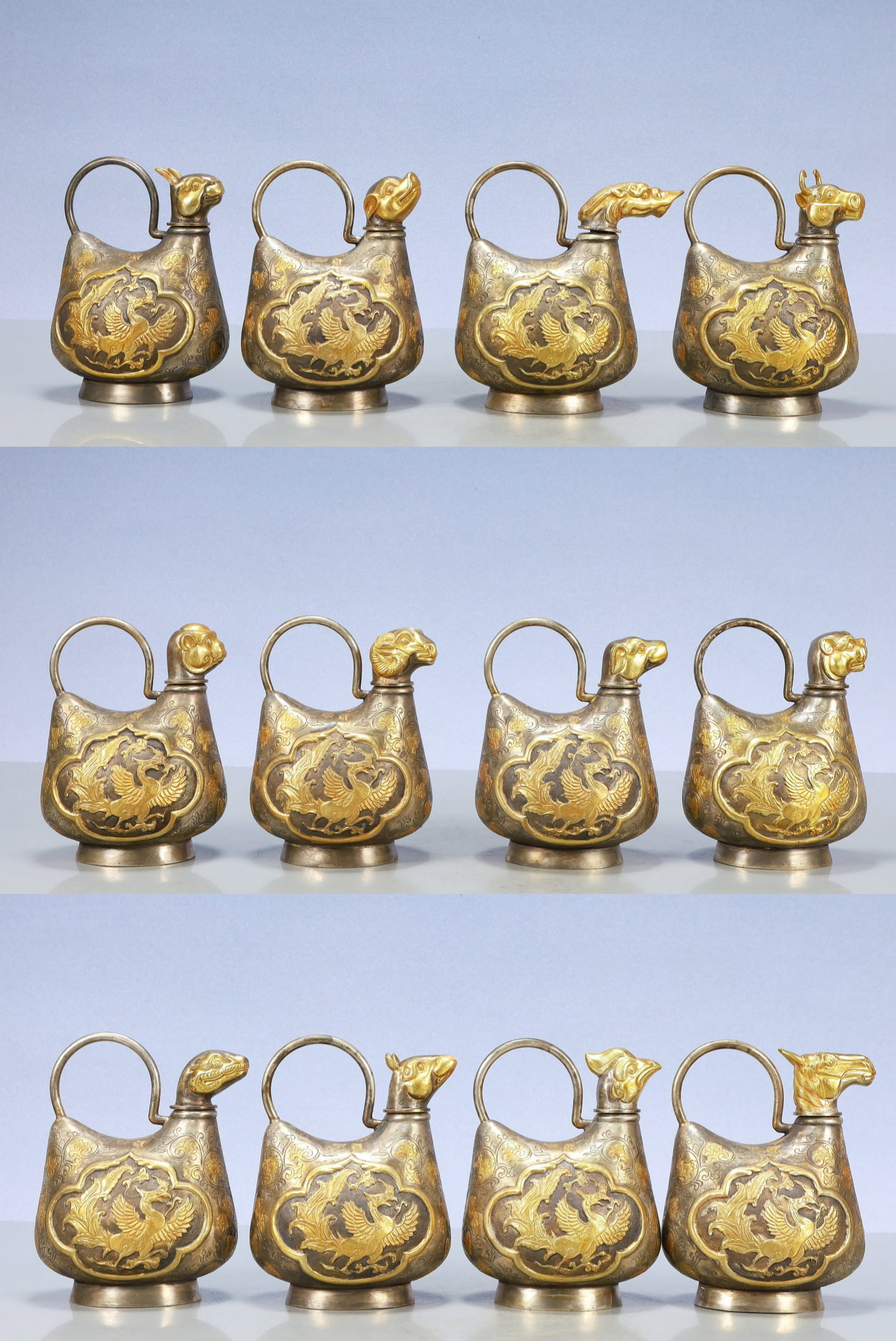 A Set of Rare Gilt Silver Dragon and Phoenix Pattern The twelve Chinese zodiac signs Ewers (1 of 15)