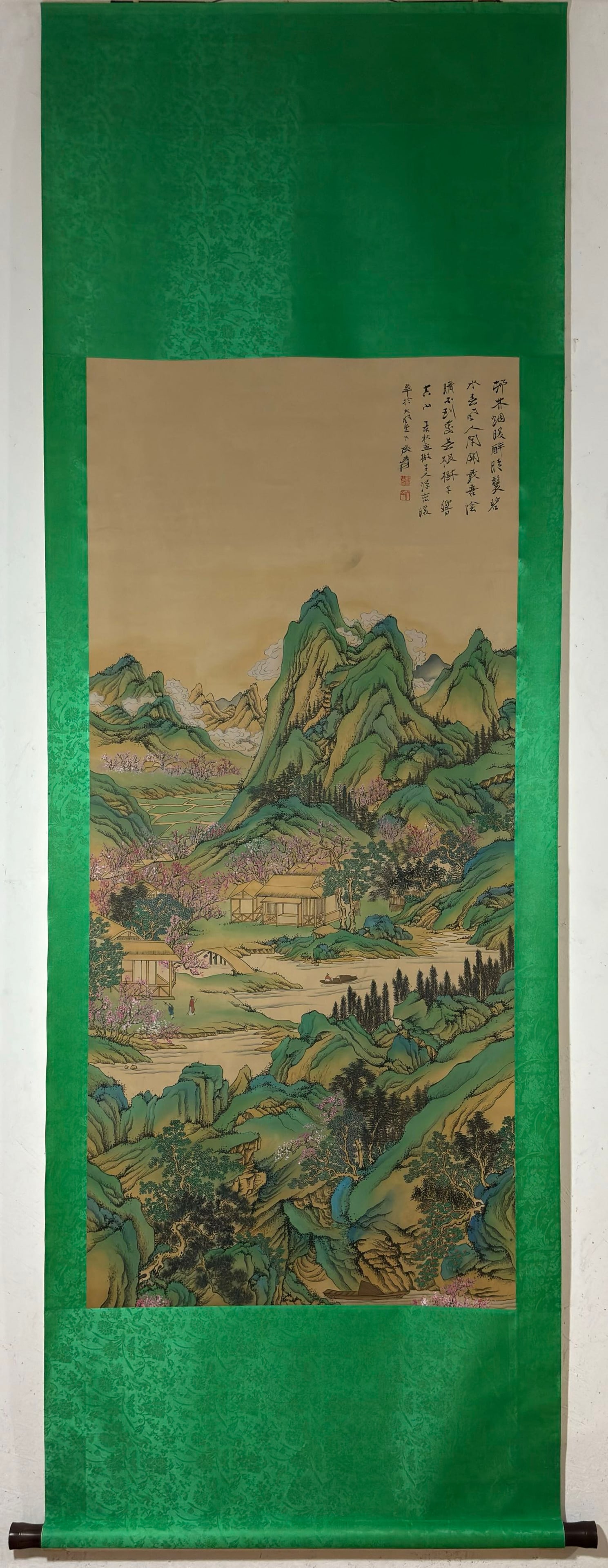 A Chinese Vertical Scroll Ink Painting of Landscape on Silk: A Chinese Vertical Scroll Ink Painting of Landscape on Silk,Zhang Daqian,Size:55.5inx25.2in 一幅中国水墨绢本山水画立轴,