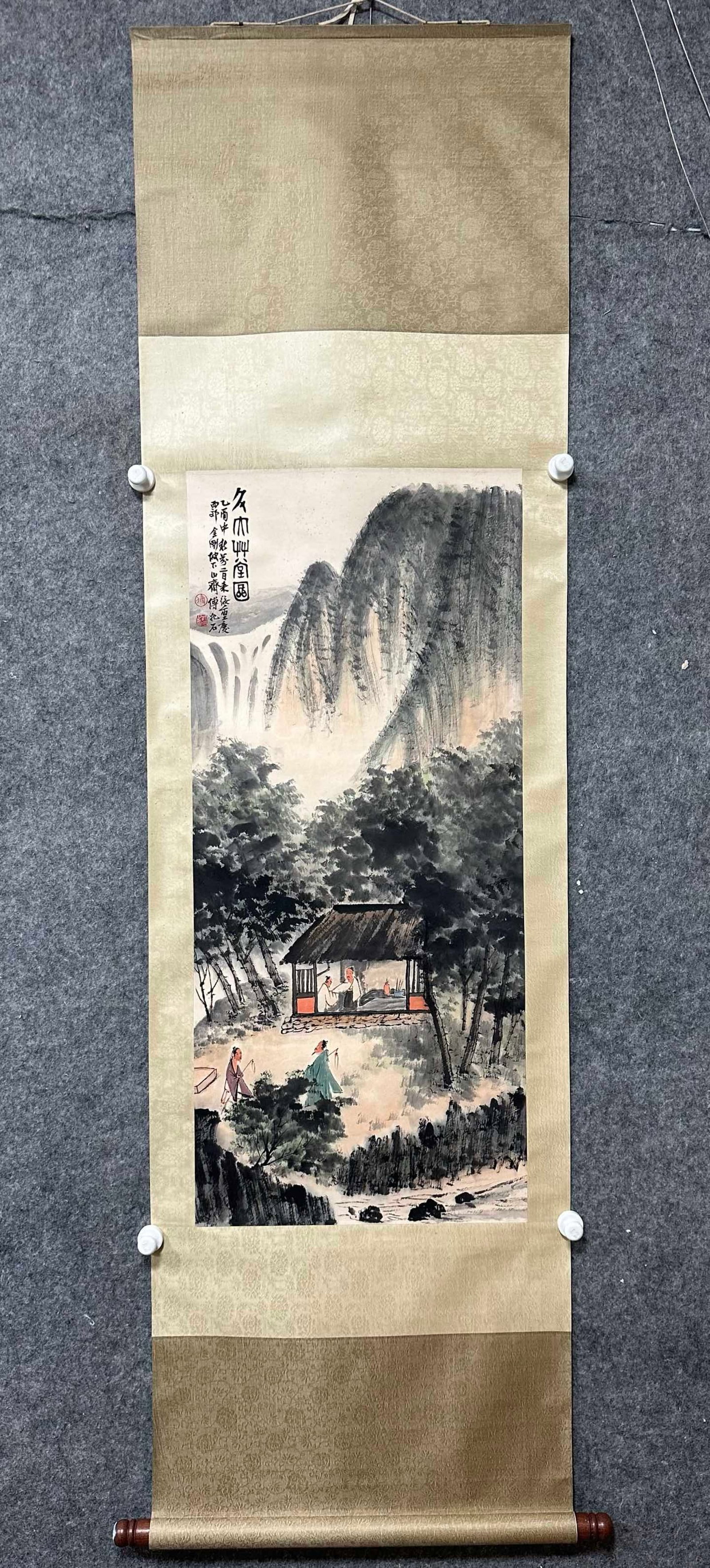 A Chinese Vertical Scroll Ink Painting of Landscape and Figure on Paper: A Chinese Vertical Scroll Ink Painting of Landscape and Figure on Paper,Fu Baoshi,Size:17.3inx39in 一幅中国水墨山水人物画立ů