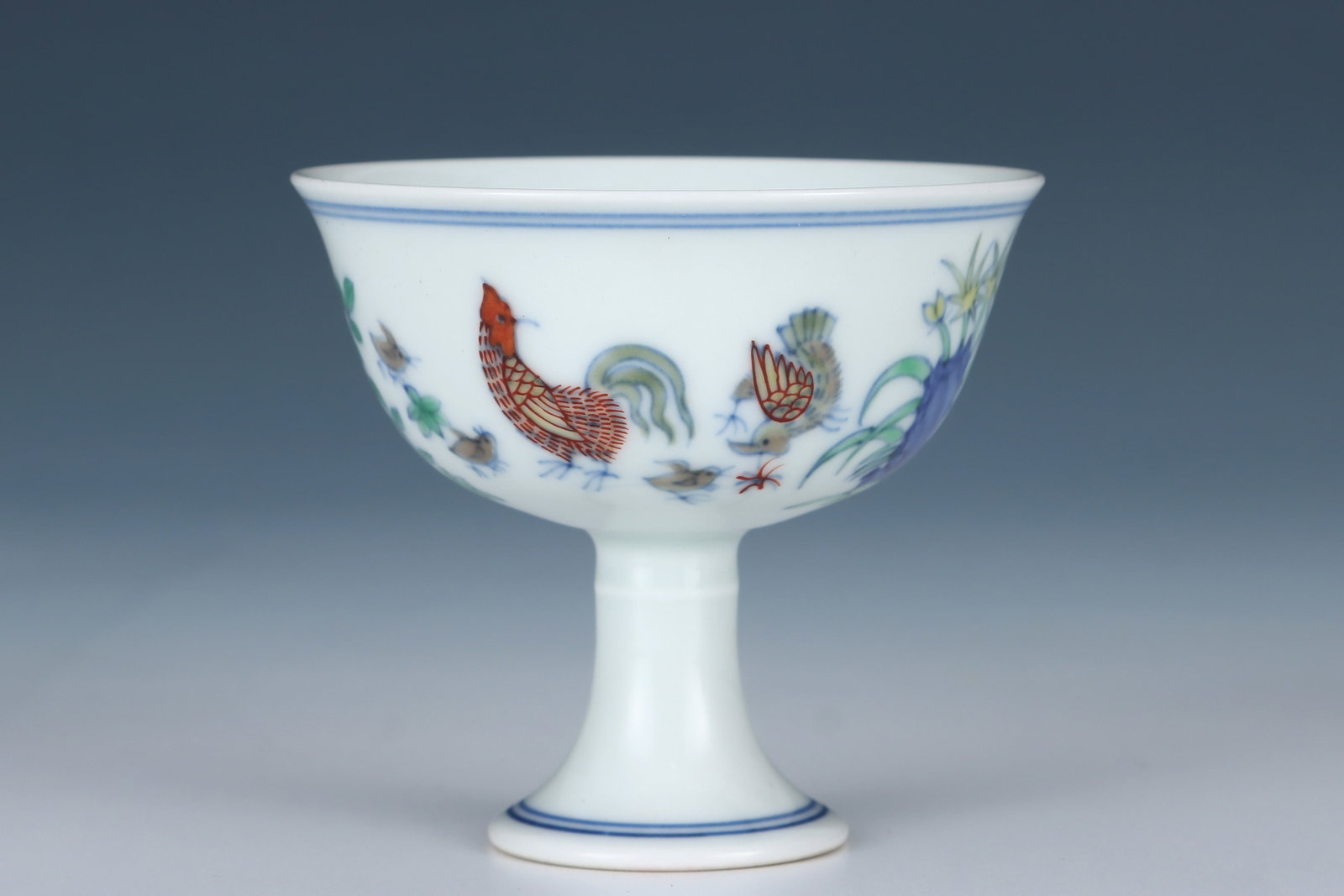 An Exquisite Doucai Flower and Rooster Pattern Stem Cup - 2