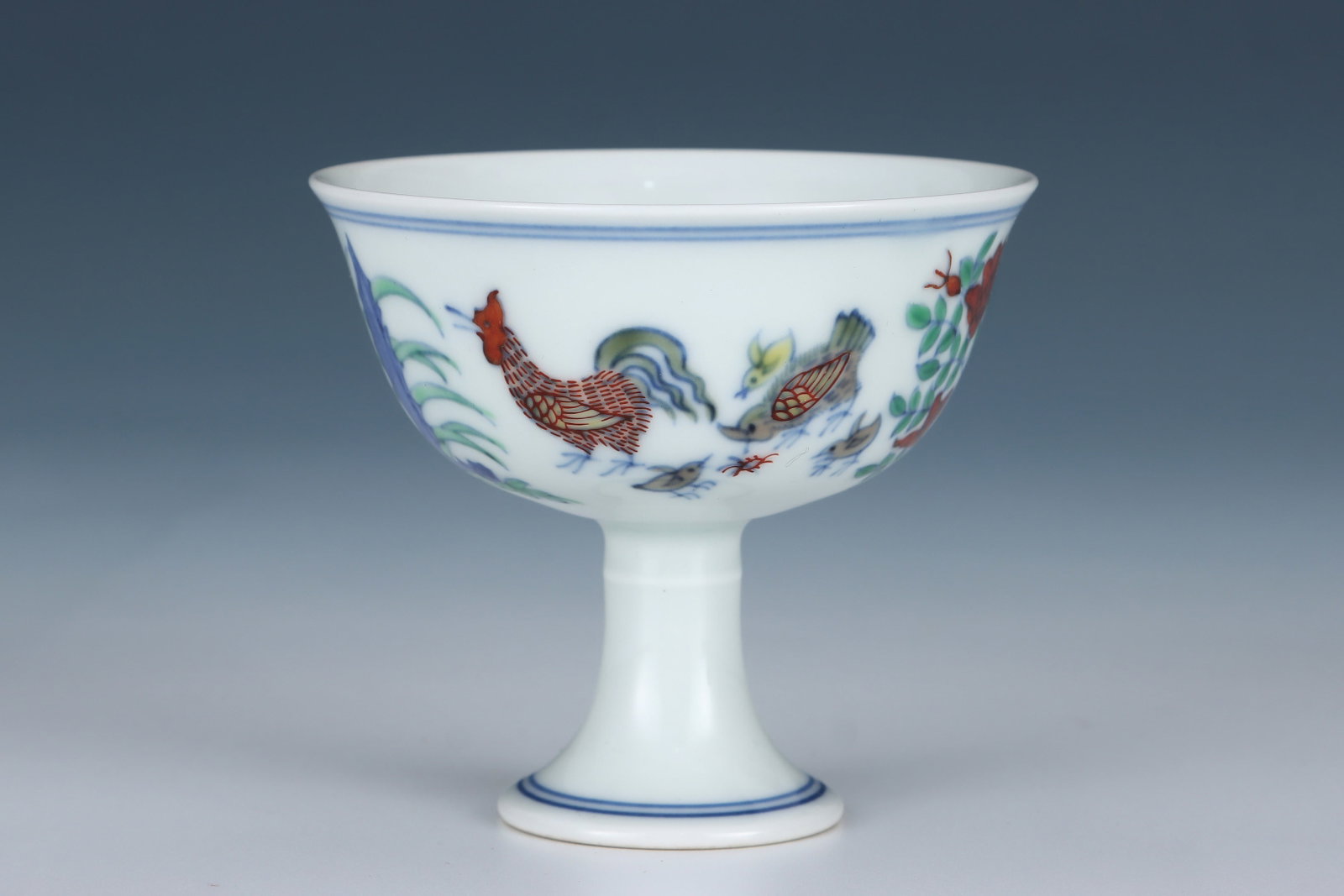 An Exquisite Doucai Flower and Rooster Pattern Stem Cup - 4