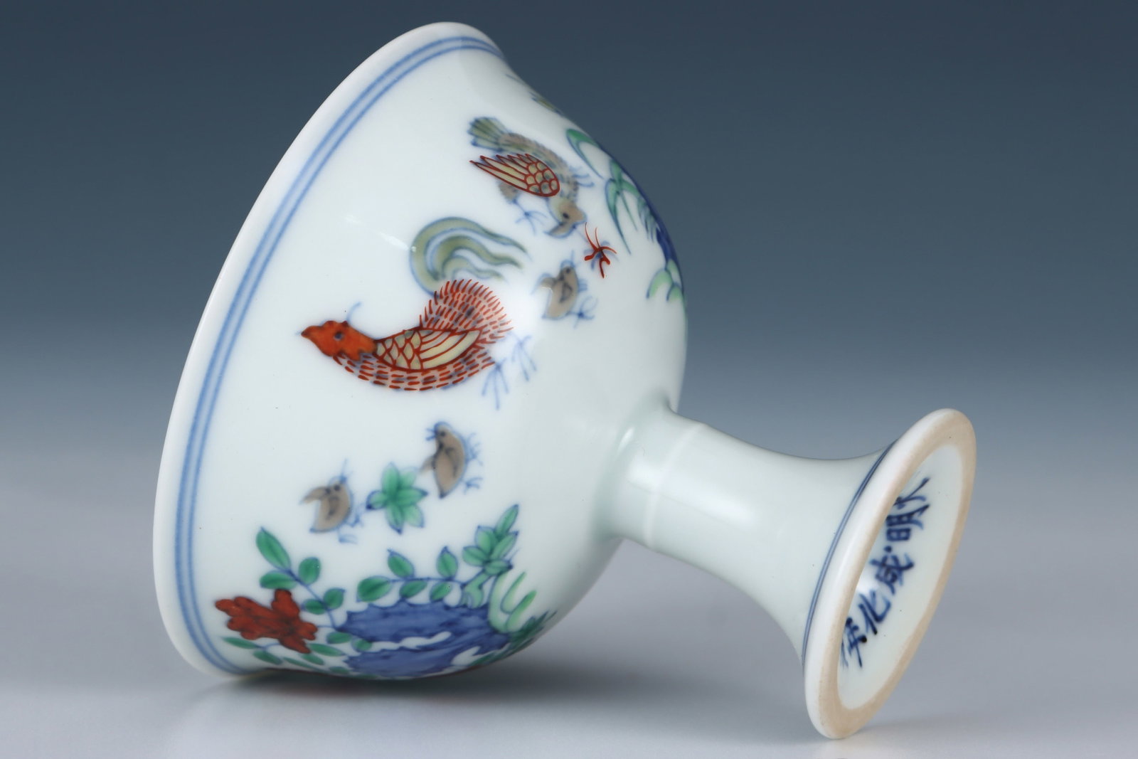 An Exquisite Doucai Flower and Rooster Pattern Stem Cup - 8