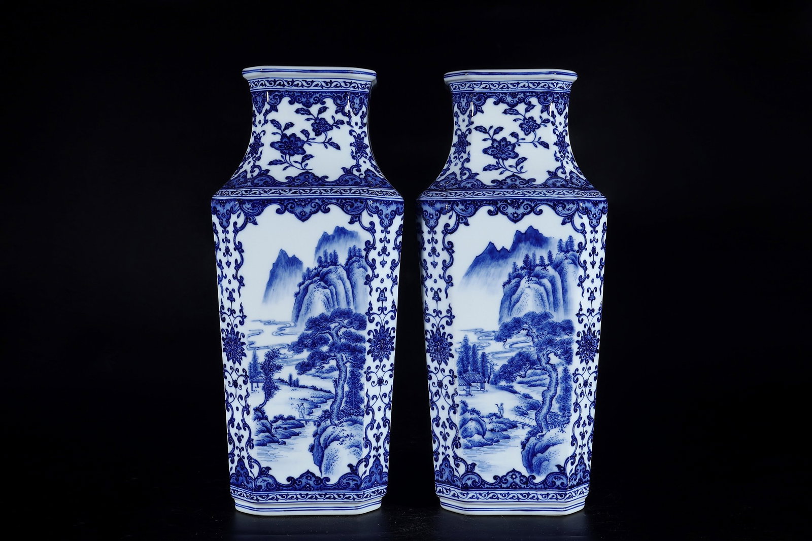 A Pair of Huge Blue and White Landscape and Figure Pattern Vases: A Pair of Huge Blue and White Landscape and Figure Pattern Vases,Qing Dynasty,China,Qianlong Six-character Mark,Size:17.7inx7.9in