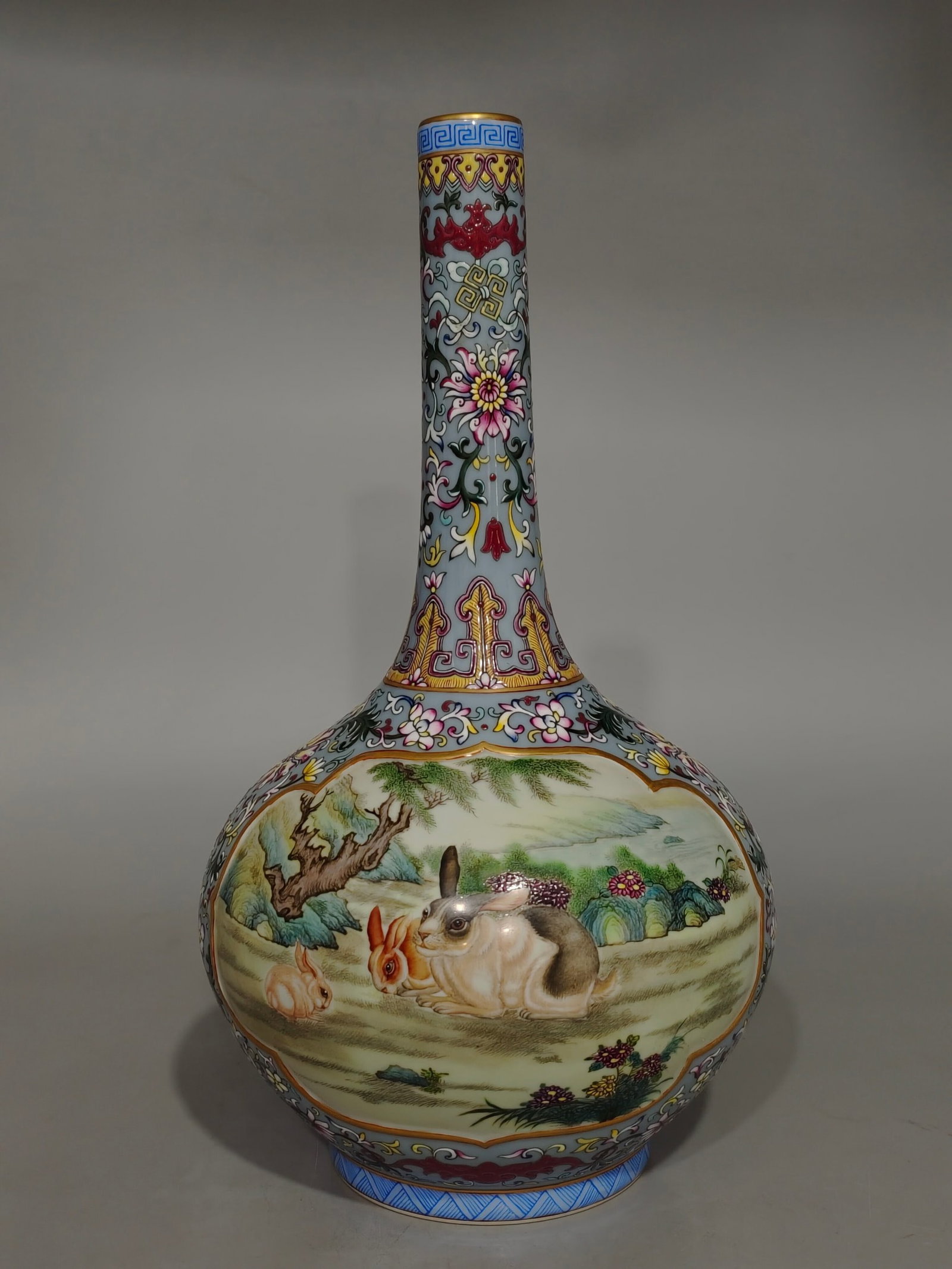A Rare Famille-Rose Turquoise Glazed Lotus and Rabbit Pattern Vase,with poem: A Rare Famille-Rose Turquoise Glazed Lotus and Rabbit Pattern Vase,with poem,Qing Dynasty,China,Qianlong Six-character Mark,Size:15.6inx8.7in