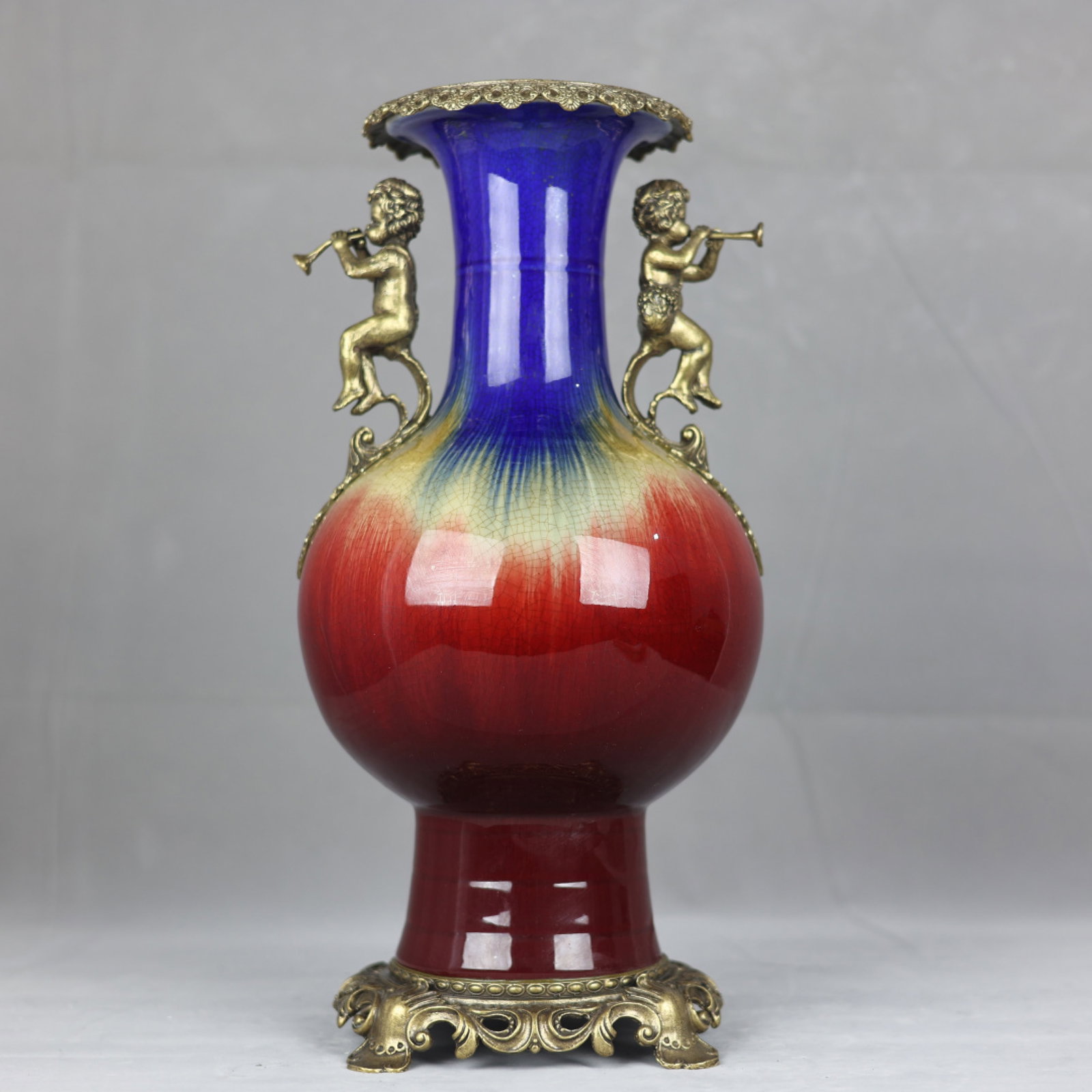 A Huge Flambe Glazed Inlaid Bronze Double-Ears Vase: A Huge Flambe Glazed Inlaid Bronze Double-Ears Vase,Qing Dynasty,China,Qianlong Six-character Mark,Size:16.9inx8.5in 窑变釉镶铜双耳瓶,中国&#