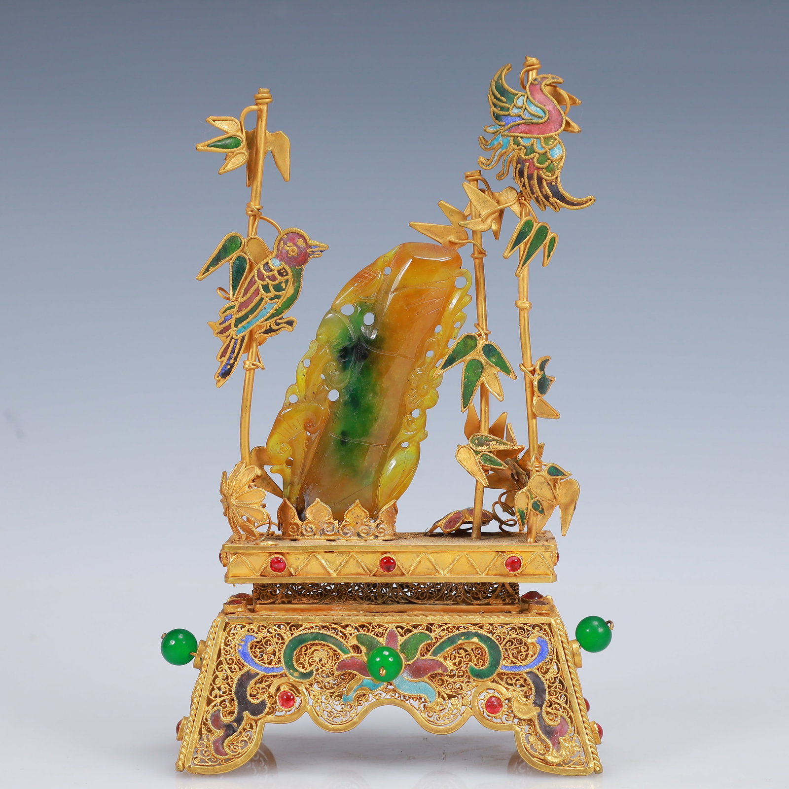 An Exquisite Filigree and Gilding Inlaid Jadeite Bamboo Ornament,Inlaid Gems: An Exquisite Filigree and Gilding Inlaid Jadeite Bamboo Ornament,Inlaid Gems,Qing Dynasty, China,Qianlong Four-Character Mark,Size:4.3inx2.6inx7.9in,Weight:354g 花丝鎏金嵌