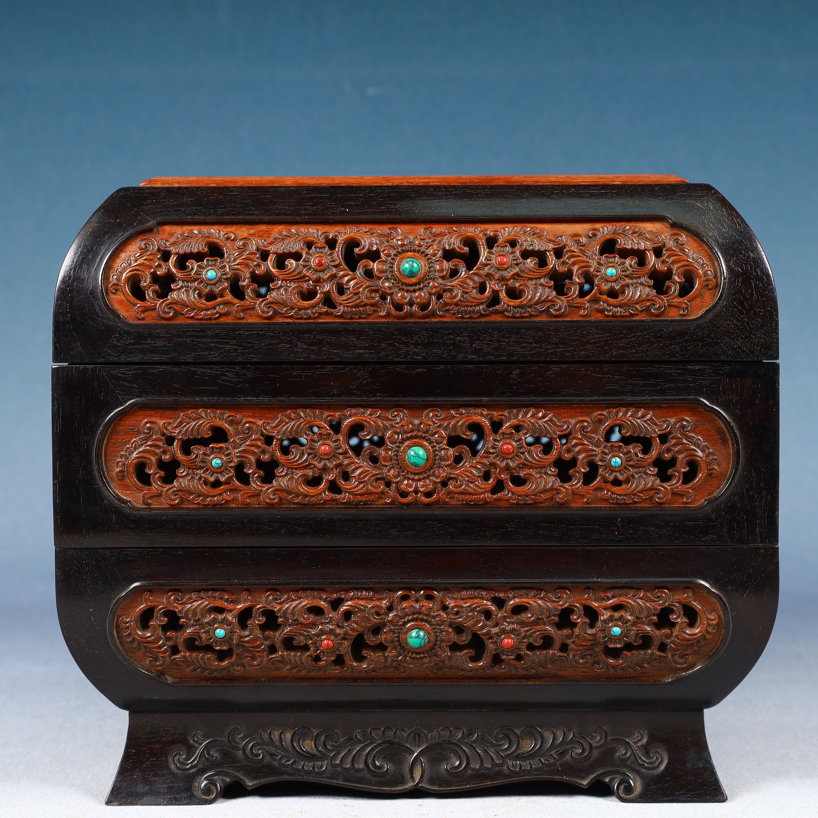 An Exquisite Zitanwood Inlaid Boxwood Hollow Flower Pattern Cover Box,Inlaid Gems (1 of 12)