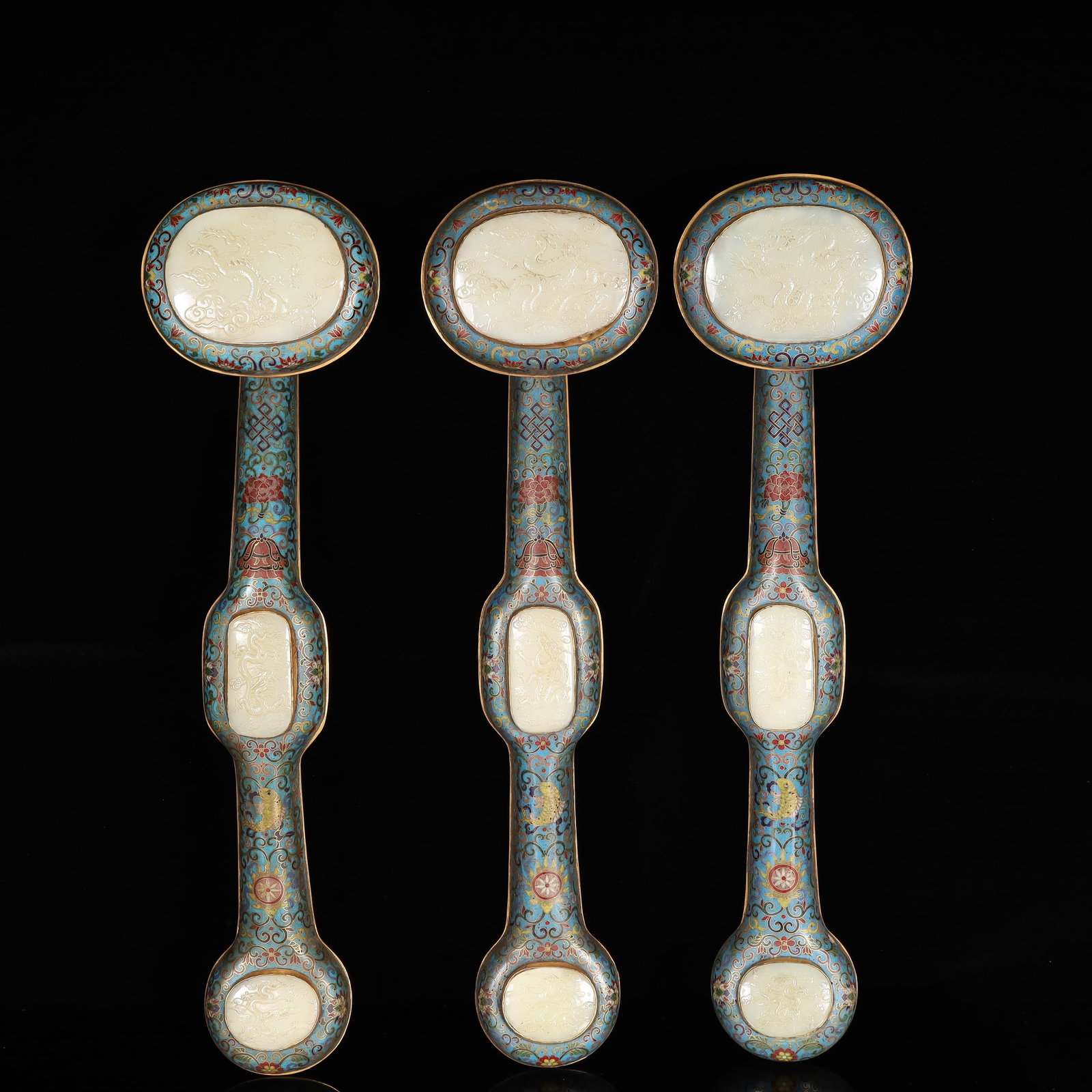 A Set of Huge Cloisonne Inlaid White Jade Auspicious Cloud and Dragon Pattern Ruyi (1 of 12)