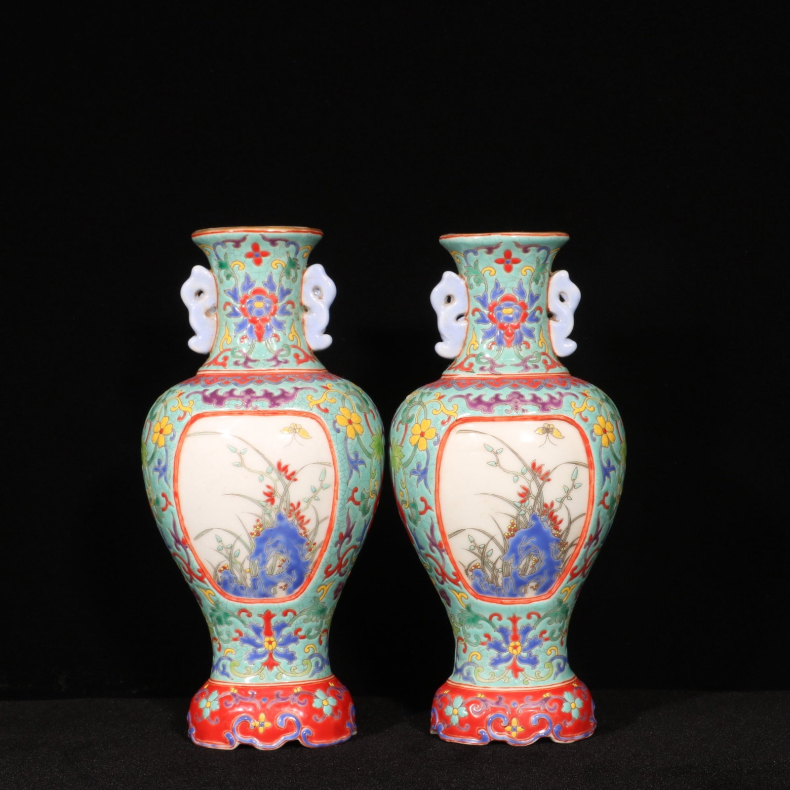 A Pair of Exquisite Enamel Flower Pattern Double-Ears Vases: A Pair of Exquisite Enamel Flower Pattern Double-Ears Vase,Qing Dynasty,China,Qianlong Six-character Mark,Size:7.3inx3.7ins 一对珐琅彩花卉纹双 