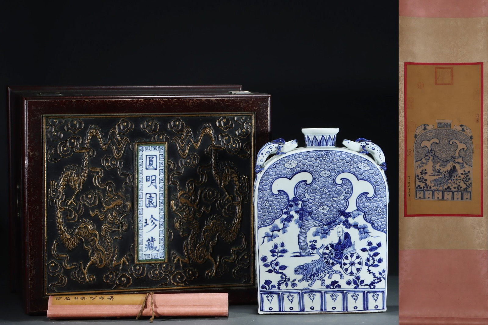 A Huge Blue and White Character and Story Pattern Four Ears Vase,with Chinese Vertical Scroll Ink: A Huge Blue and White Character and Story Pattern Four Ears Vase,with Chinese Vertical Scroll Ink Painting on Silk,Yuan Dynasty,China,Size:(Without frame)24.4inx12.2in,(Porcelain)15.9inx11.8in 青