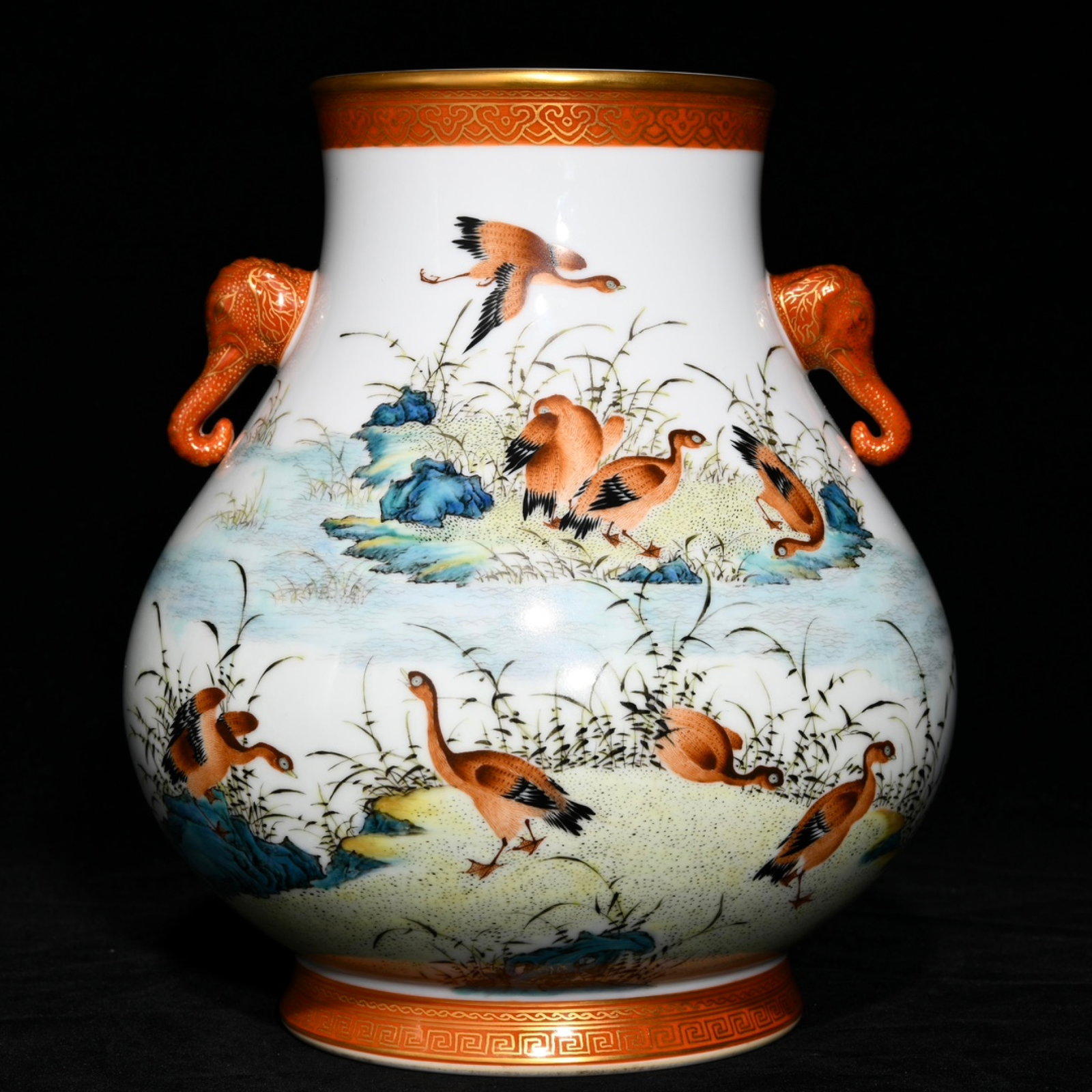 An Exquisite Iron-Red Famille-Rose Painted Gold Flower and Bird Pattern Elephant-Ears Vase,with poem: An Exquisite Iron-Red Famille-Rose Painted Gold Flower and Bird Pattern Elephant-Ears Vase,with poem,Qing Dynasty,China,Qianlong Six-character Mark,Size:9.4inx8.3in 矾红粉彩