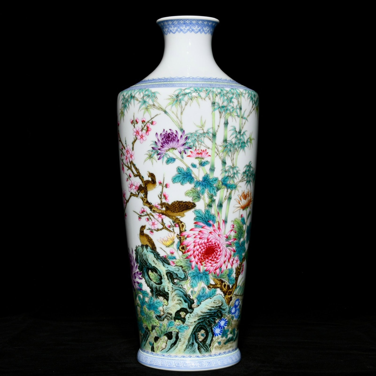A Rare Famille-Rose Flower and Bird Pattern Vase,with poem: A Rare Famille-Rose Flower and Bird Pattern Vase,with poem,Qing Dynasty,China,Yongzheng Six-character Mark,Size:15.2inx6.3in 粉彩花鸟纹瓶,带诗文,&