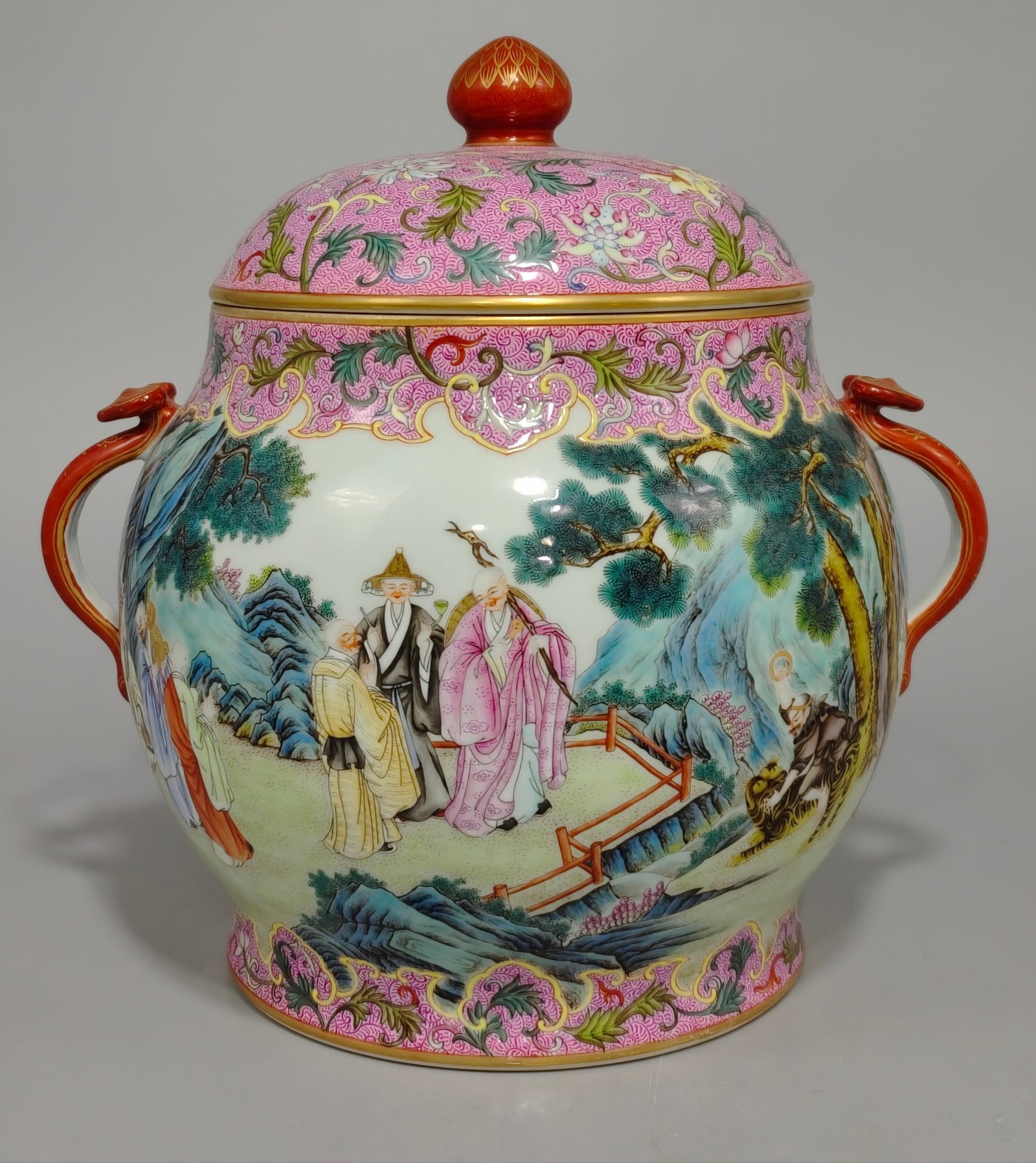 An Exquisite Famille-Rose Painted Gold Landscape and Figure Pattern Double-Ears Jar with Cover: An Exquisite Famille-Rose Painted Gold Landscape and Figure Pattern Double-Ears Jar with Cover,Qing Dynasty,China,Qianlong Six-character Mark,Size:10.2inx10.6in 粉彩描金山
