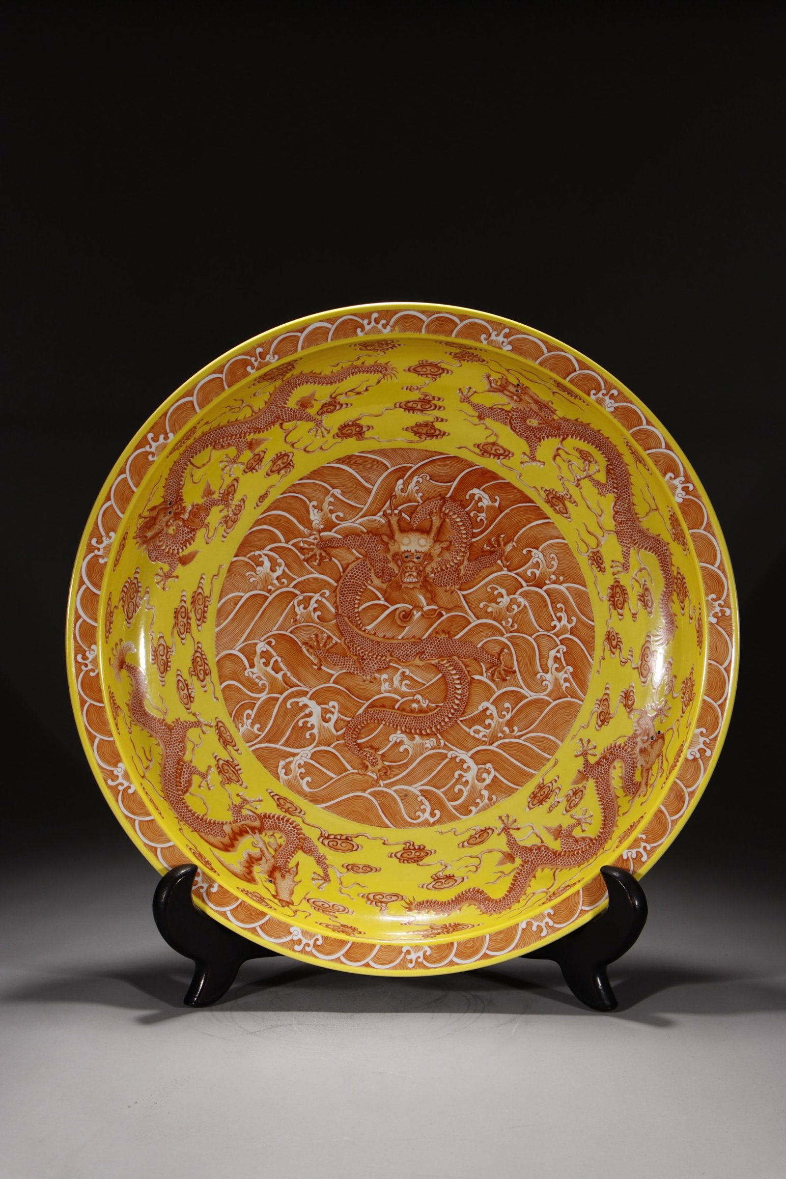 A Huge Yellow Ground Iron-Red Seawater and Dragon Pattern Plate: A Huge Yellow Ground Iron-Red Seawater and Dragon Pattern Plate,Qing Dynasty,China,Qianlong Six-character Mark,Size:3.3inx19.9in