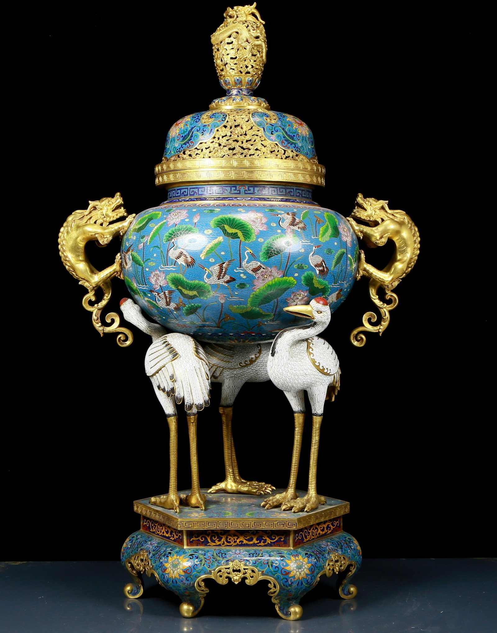 A Huge Cloisonne Flower and Bird Pattern Dragon-Ears Censer: A Huge Cloisonne Flower and Bird Pattern Dragon-Ears Censer，Qing Dynasty, China，Qianlong Four-character Mark，Size:23.6inx15inx41.3in，Weight:41.50kg 景泰蓝