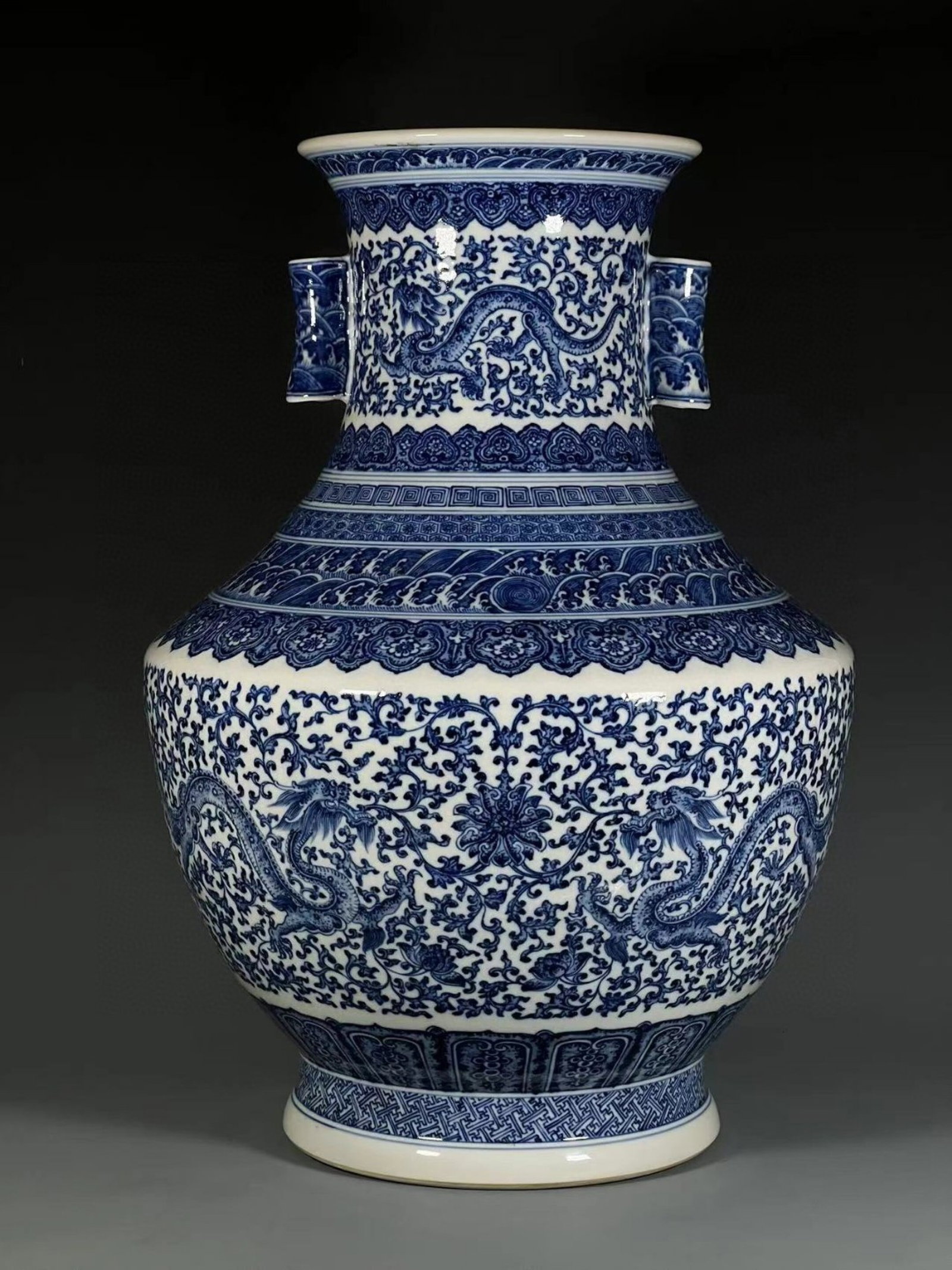 A Huge Blue and White Lotus and Dragon Pattern Double-Ears Vase (1 of 9)