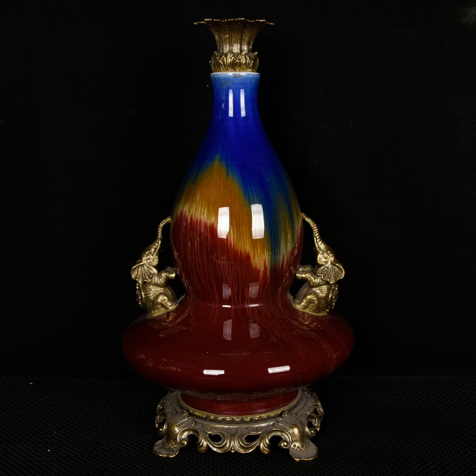 A Huge Flambe Glazed Inlaid Gilt Bronze Elephant-Ears Gourd-Shaped Vase: A Huge Flambe Glazed Inlaid Gilt Bronze Elephant-Ears Gourd-Shaped Vase,Qing Dynasty,China,Qianlong Six-character Mark,Size:17.1inx9.8in
