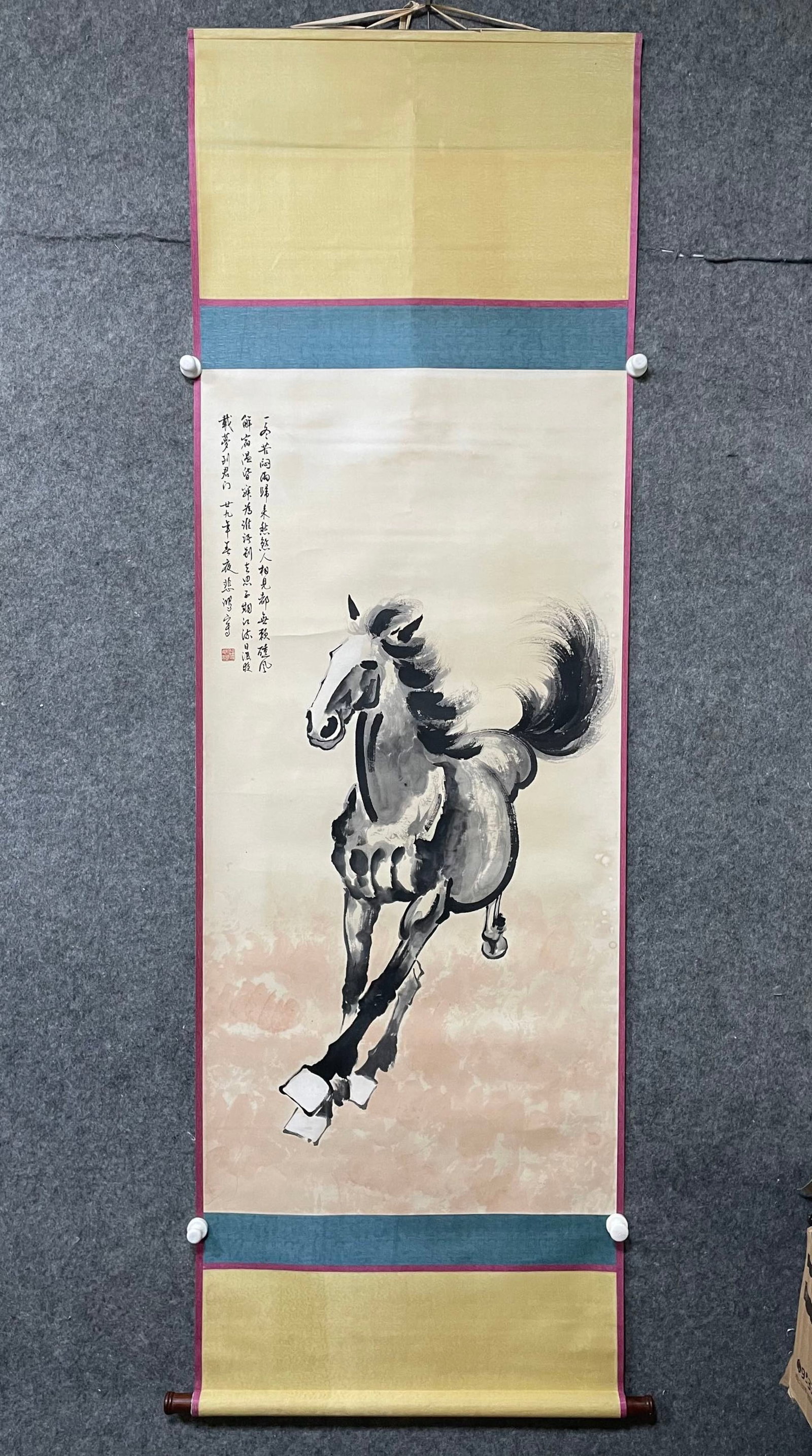 A Chinese Vertical Scroll Ink Painting of Horse on Paper: A Chinese Vertical Scroll Ink Painting of Horse on Paper,Xu Beihong,Size:26.8inx53.9in 一幅中国水墨骏马画立轴,徐悲鸿