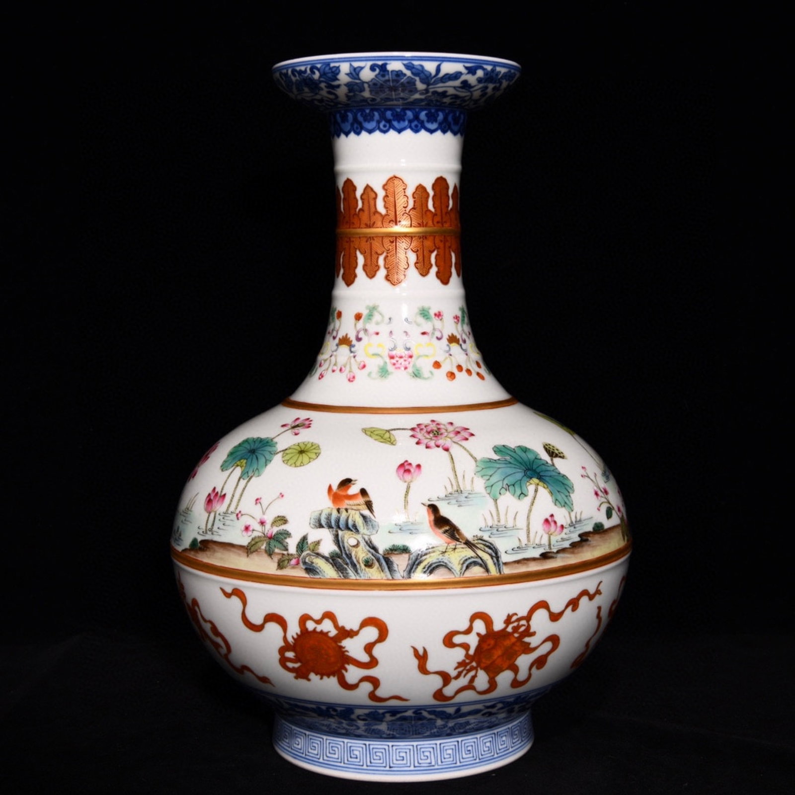 A Rare Famille-Rose Painted Gold Flower and Bird Pattern Vase (1 of 9)