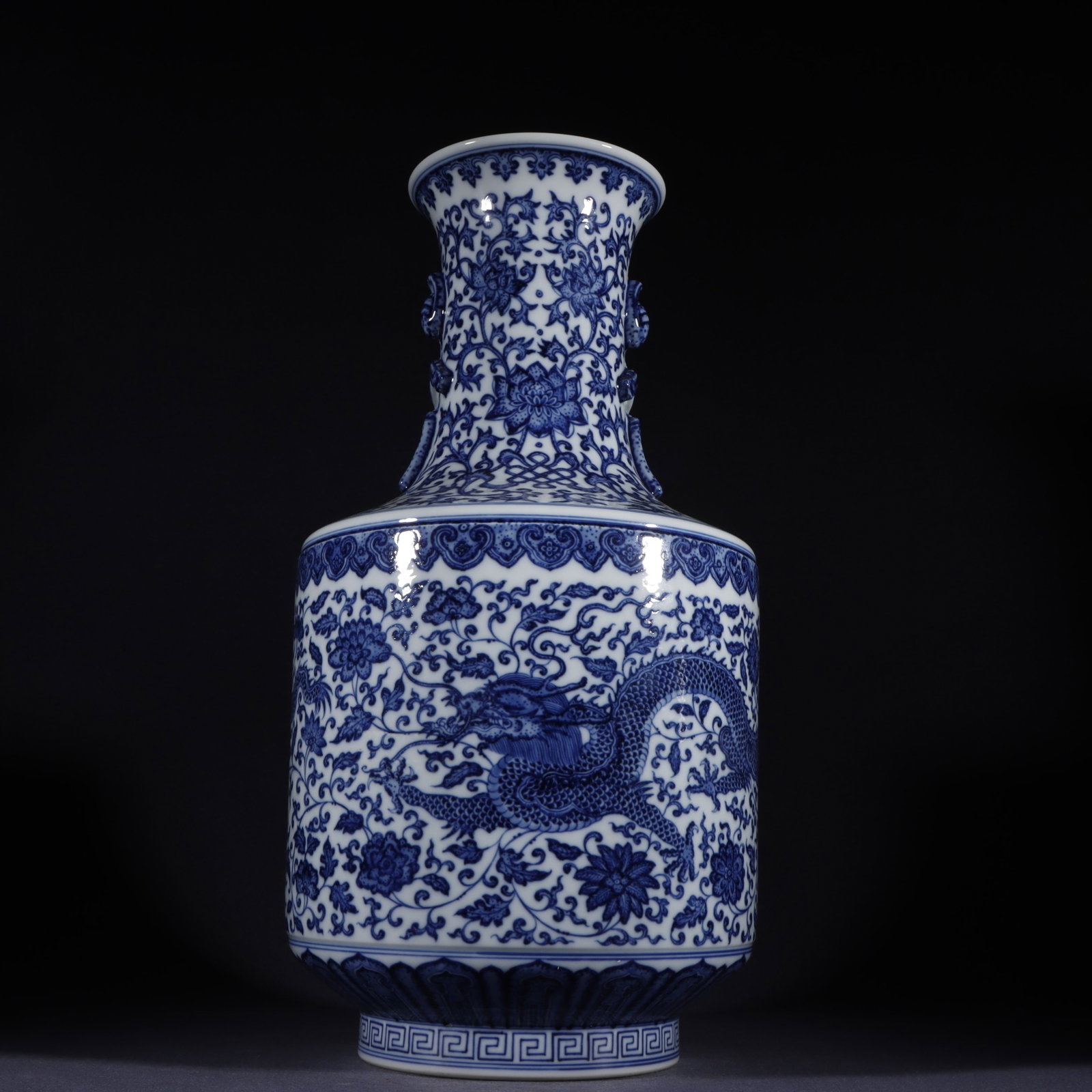 A Huge Blue and White Lotus and Dragon Pattern Double-Ears Vase: A Huge Blue and White Lotus and Dragon Pattern Double-Ears Vase,Qing Dynasty,China,Qianlong Six-character Mark,Size:16.9inx9.1in 青花缠枝莲龙纹双耳