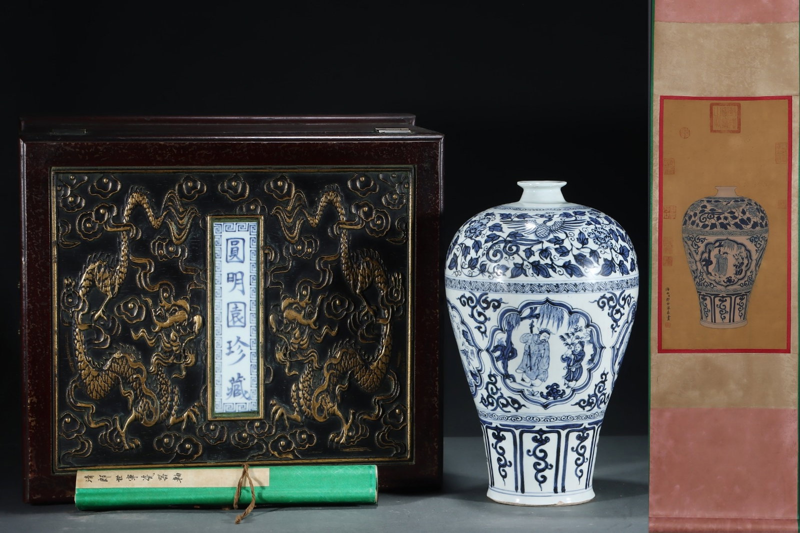 A Huge Blue and White Figure Flower Pattern Jar,with Chinese Vertical Scroll Ink Painting on Silk (1 of 8)