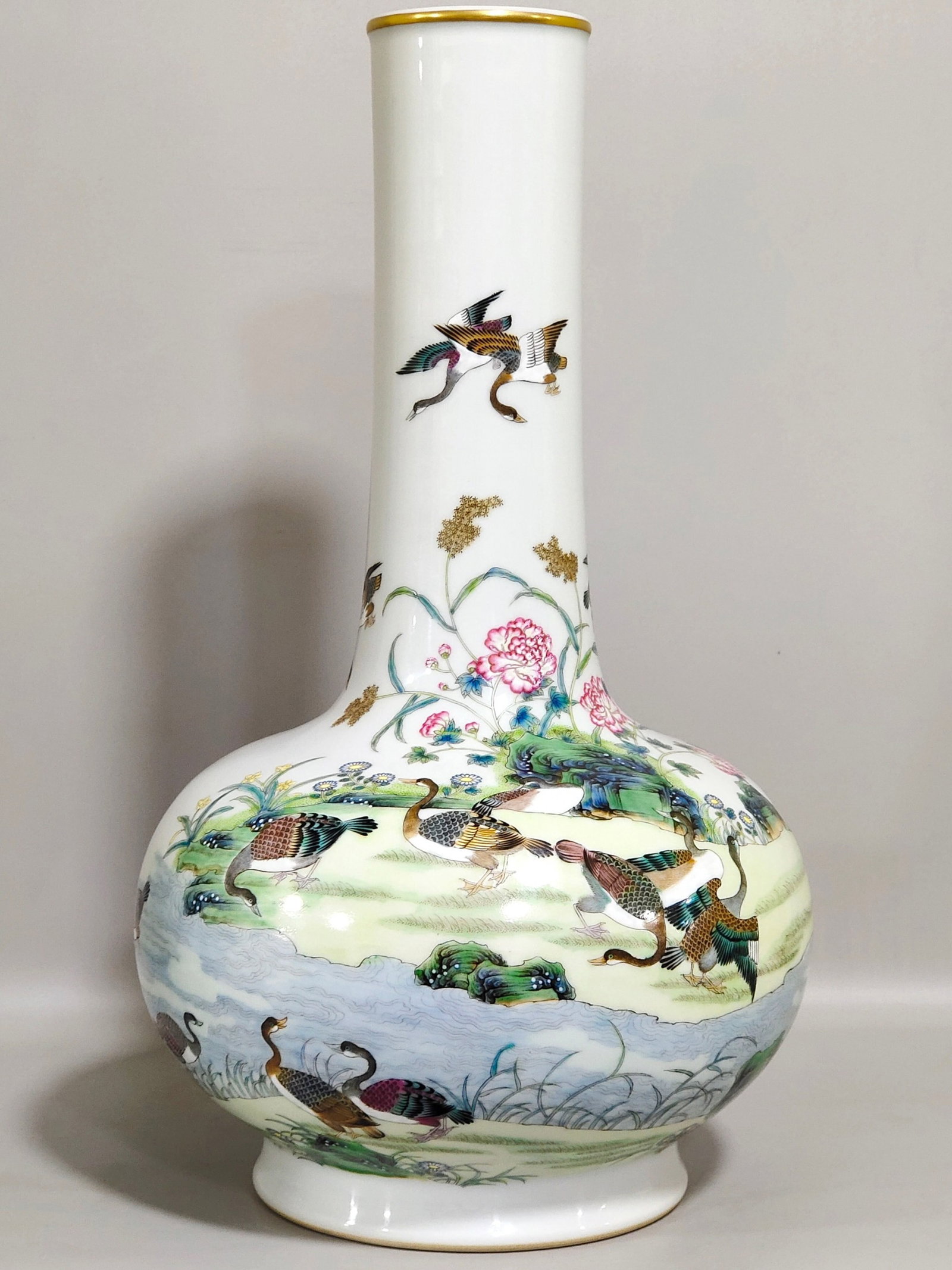 A Rare Famille-Rose Reed Goose Pattern Vase,with poem (1 of 8)