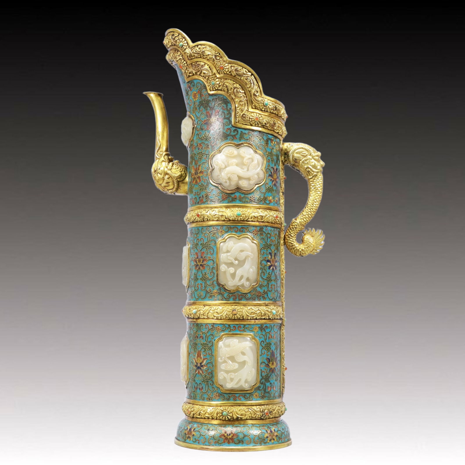 A Huge Cloisonne Inlaid White Jade Lotus and Dragon Pattern Ewer: A Huge Cloisonne Inlaid White Jade Lotus and Dragon Pattern Ewer,Qing Dynasty, China,Qianlong Four-character Mark,Size:7.9inx5.5inx18.9in,Weight:3800g 景泰蓝嵌白玉&