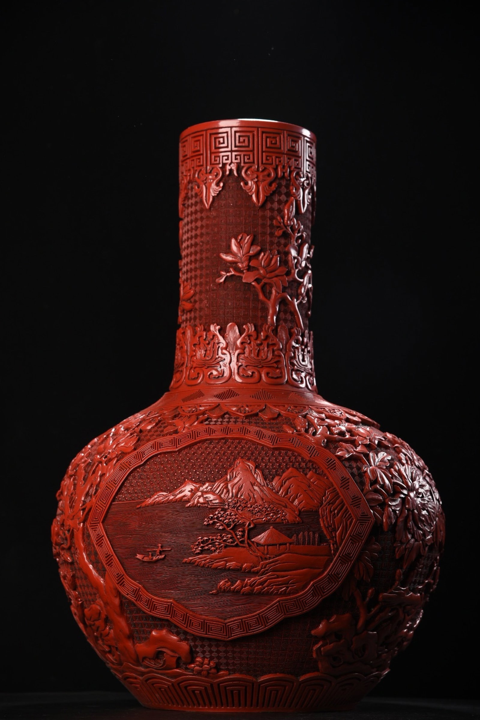 An Exquisite Carved Red Lacquer Landscape Pattern Vase (1 of 9)