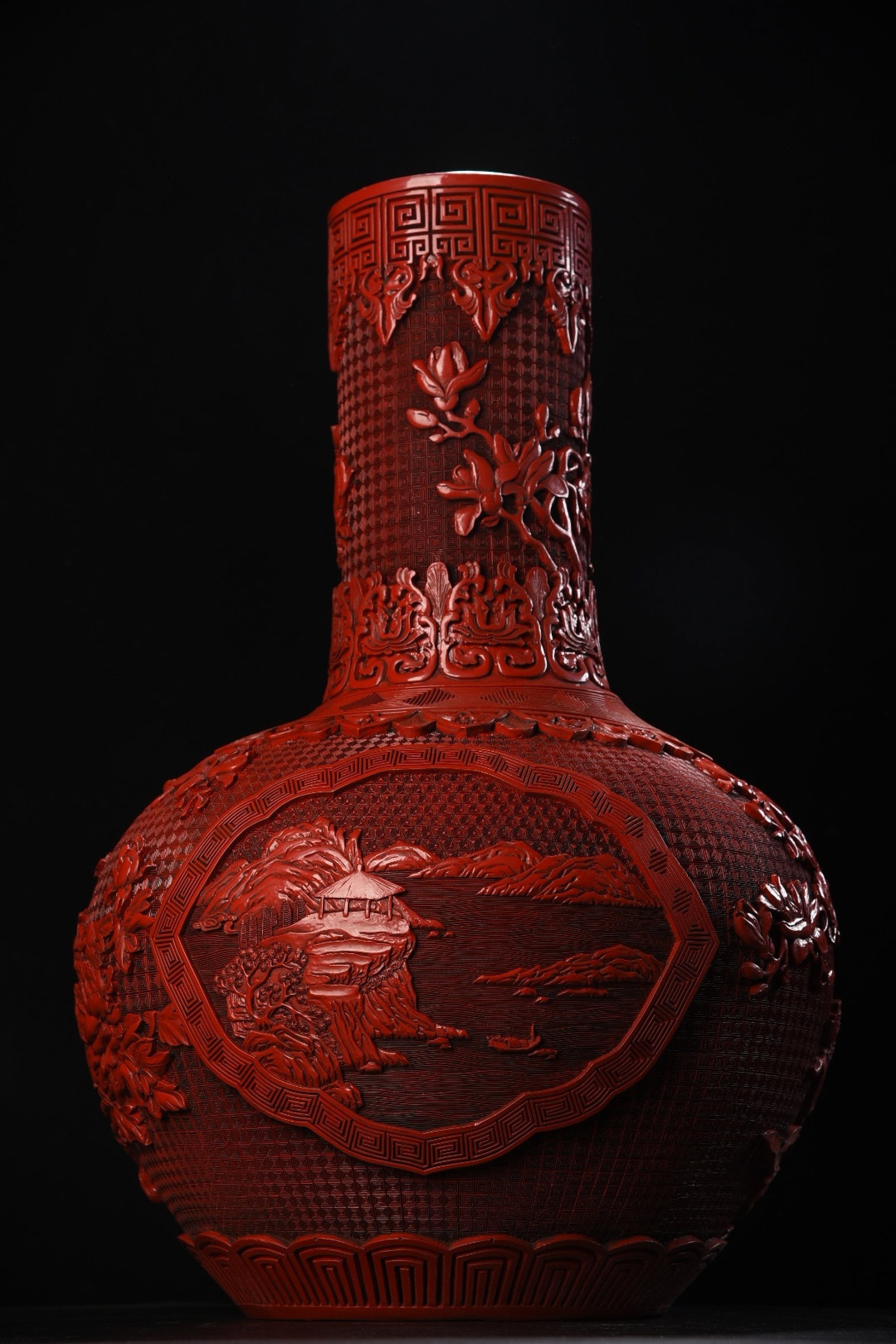 An Exquisite Carved Red Lacquer Landscape Pattern Vase - 6