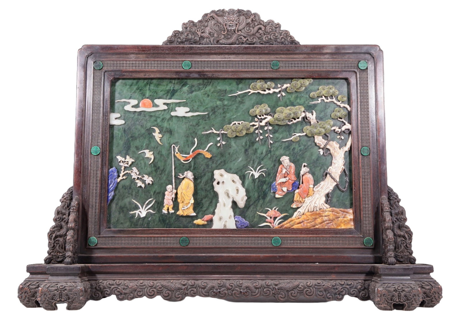 An exquisite zitanwood inlaid with jasper, gold inlaid with gems, landscape and figures pattern: An exquisite table screen with zitanwood inlaid with jasper, gold and gemstones, landscapes and figures, Qing Dynasty , China.. It was made of zitanwood as the base material and filled with lacquer
