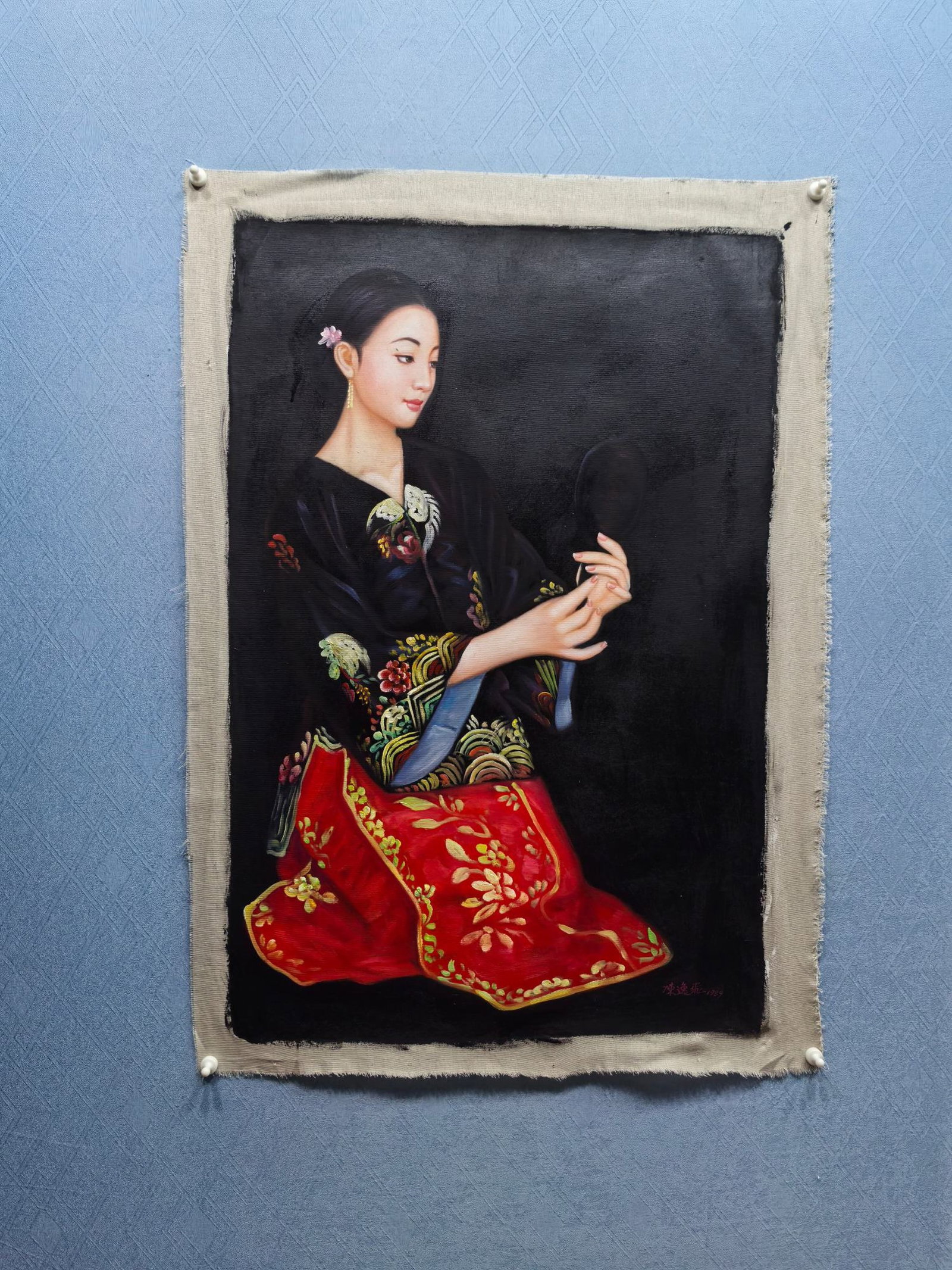 A Chinese Ink Painting of Figure on Oil Painting: A Chinese Ink Painting of Figure on Oil Painting,Chen Yifei,Size:28.7inx40.3in 一幅中国水墨人物油画,陈逸飞