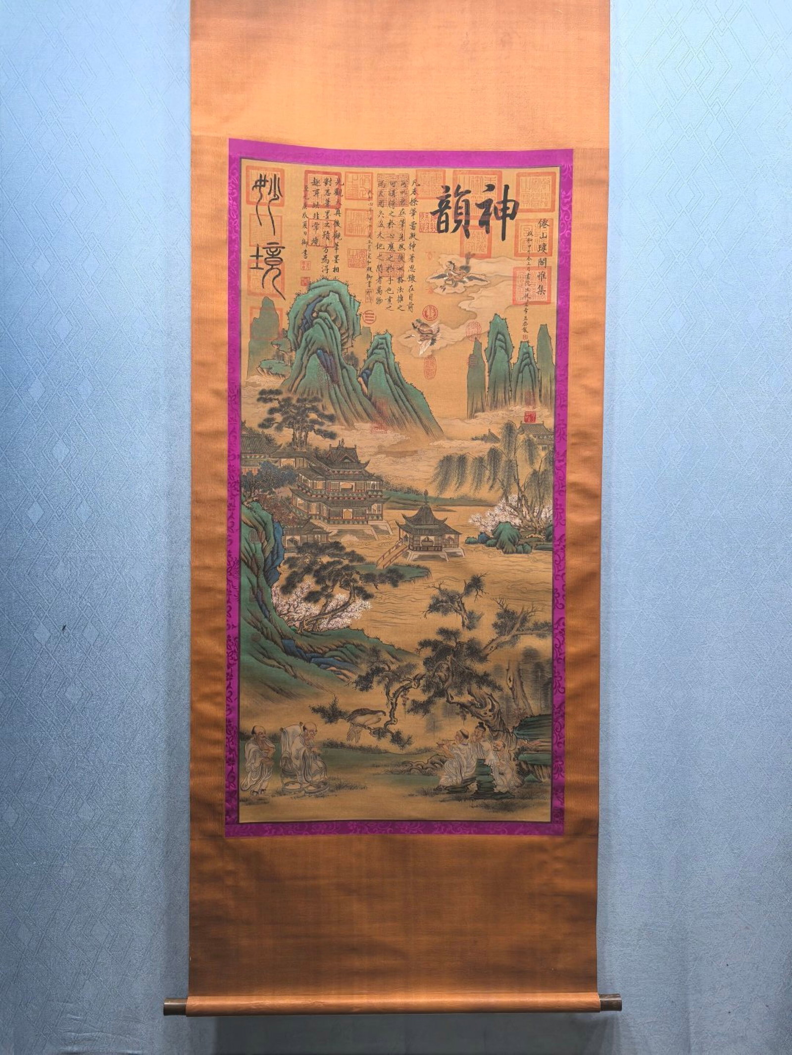 A Chinese Vertical Scroll Ink Painting of Landscape and Figure on Silk: A Chinese Vertical Scroll Ink Painting of Landscape and Figure on Silk,Wang Ximeng,Size:27inx56.3in 一幅中国水墨绢本山水人物