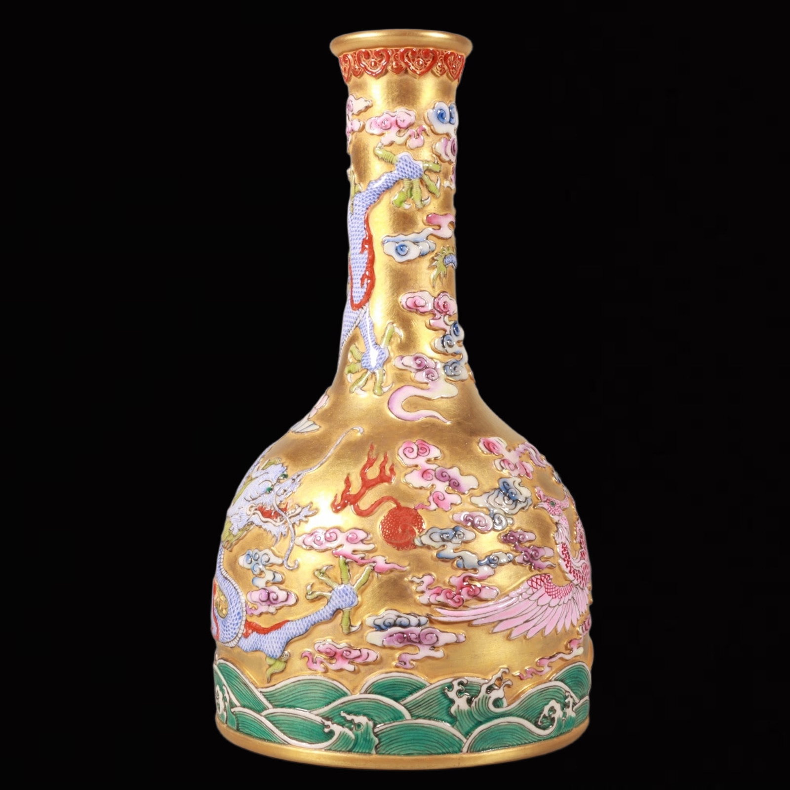An Exquisite Enamel Gold Ground Dragon and Phoenix Pattern Vase: An Exquisite Enamel Gold Ground Dragon and Phoenix Pattern Vase,Qing Dynasty,China,Qianlong Six-character Mark,Size:7.5inx4.2in 珐琅彩金地龙凤纹瓶