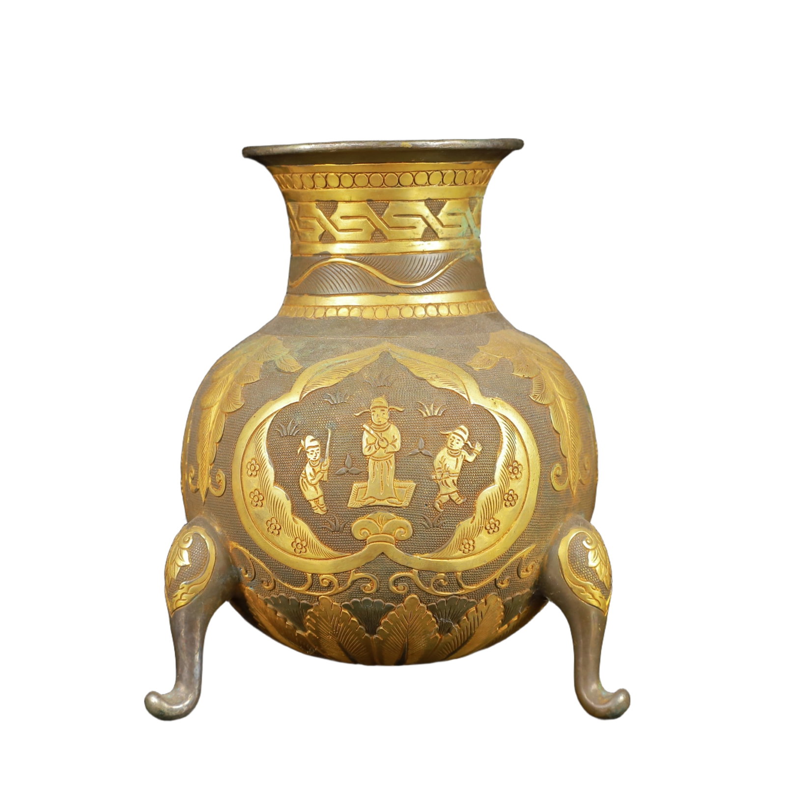 An Exquisite Gilt Silver Figure and Story Pattern Tripod Censer: An Exquisite Gilt Silver Figure and Story Pattern Tripod Censer,Tang Dynasty,China,Zhenguan Four-Character Mark,Size:4.3inx5.5in,Weight:650g 银鎏金人物故事
