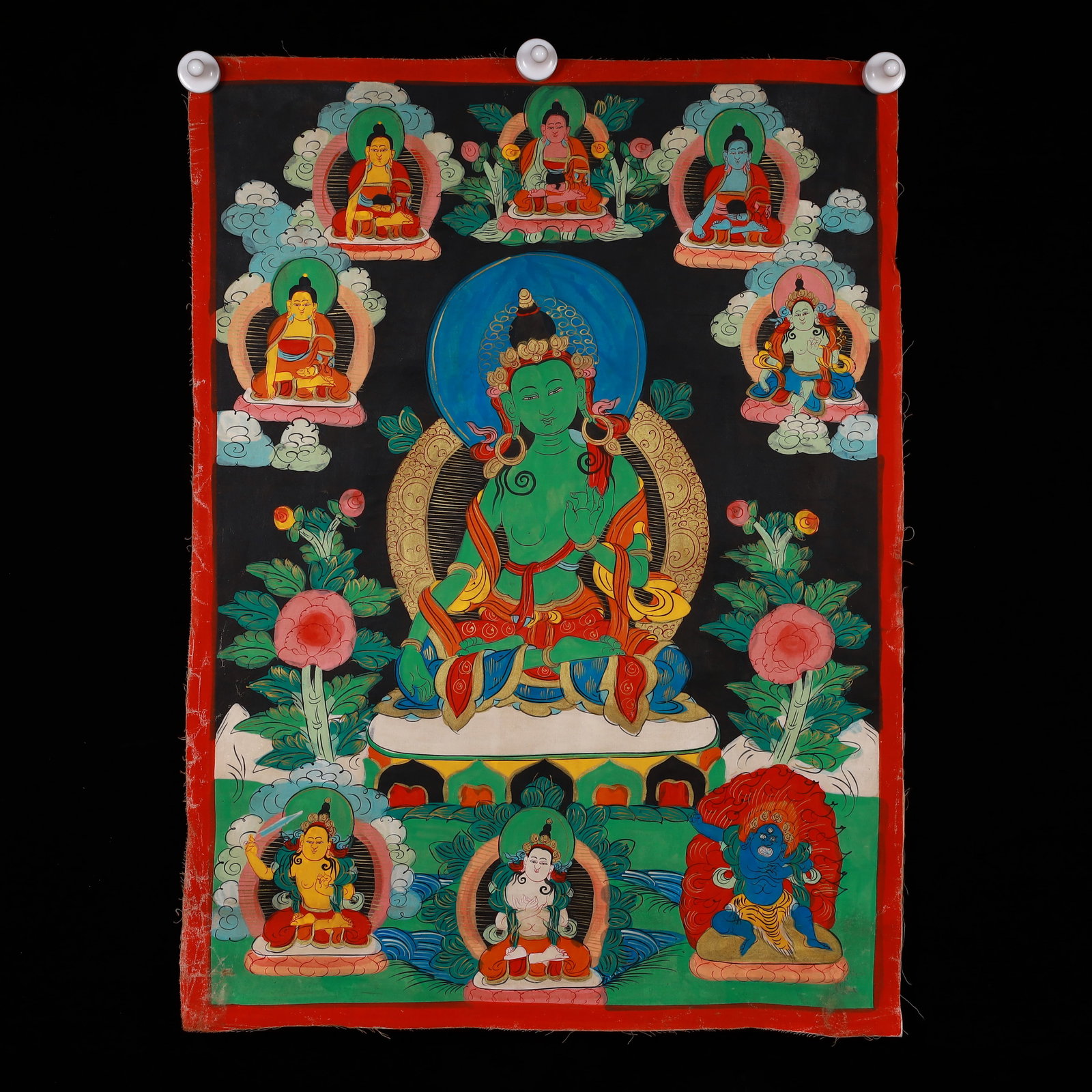 A Rare Painted Color Statue of Tara Tangka: A Rare Painted Color Statue of Tara Tangka,Qing Dynasty, China,Size:20.1inx27.2in 彩绘度母像唐卡,中国清代