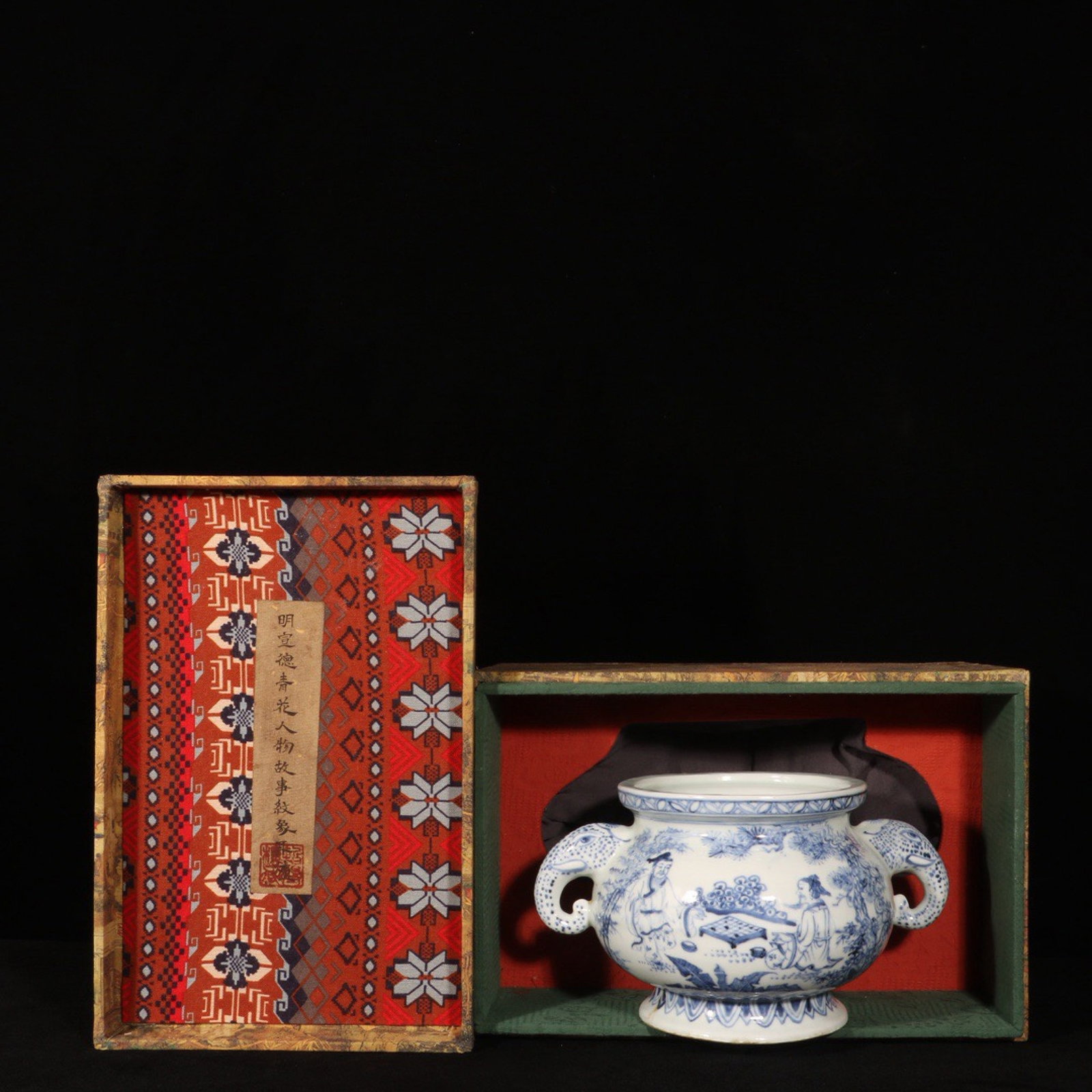 An Exquisite Blue and White Character and Story Pattern Elephant-Ears Censer: An Exquisite Blue and White Character and Story Pattern Elephant-Ears Censer,Ming Dynasty,China,Xuande Six-character Mark,Size:5.5inx9.3in